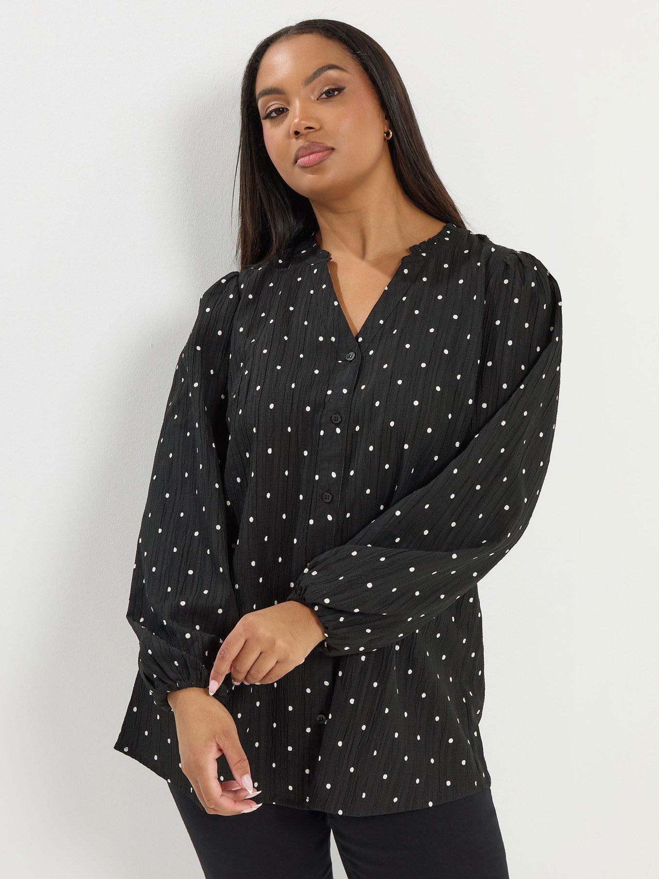 front image of yours-curve-textured-notch-neck-blouse-black