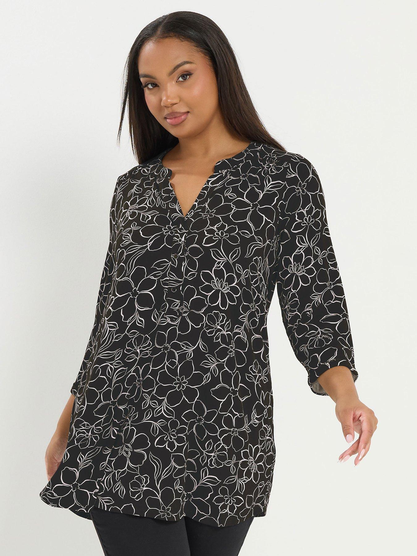Yours Curve 3/4 Sleeve Placket Top - Black