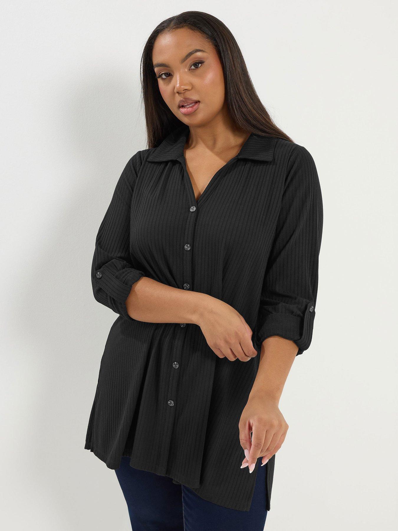 front image of yours-curve-button-through-ribbed-top-black