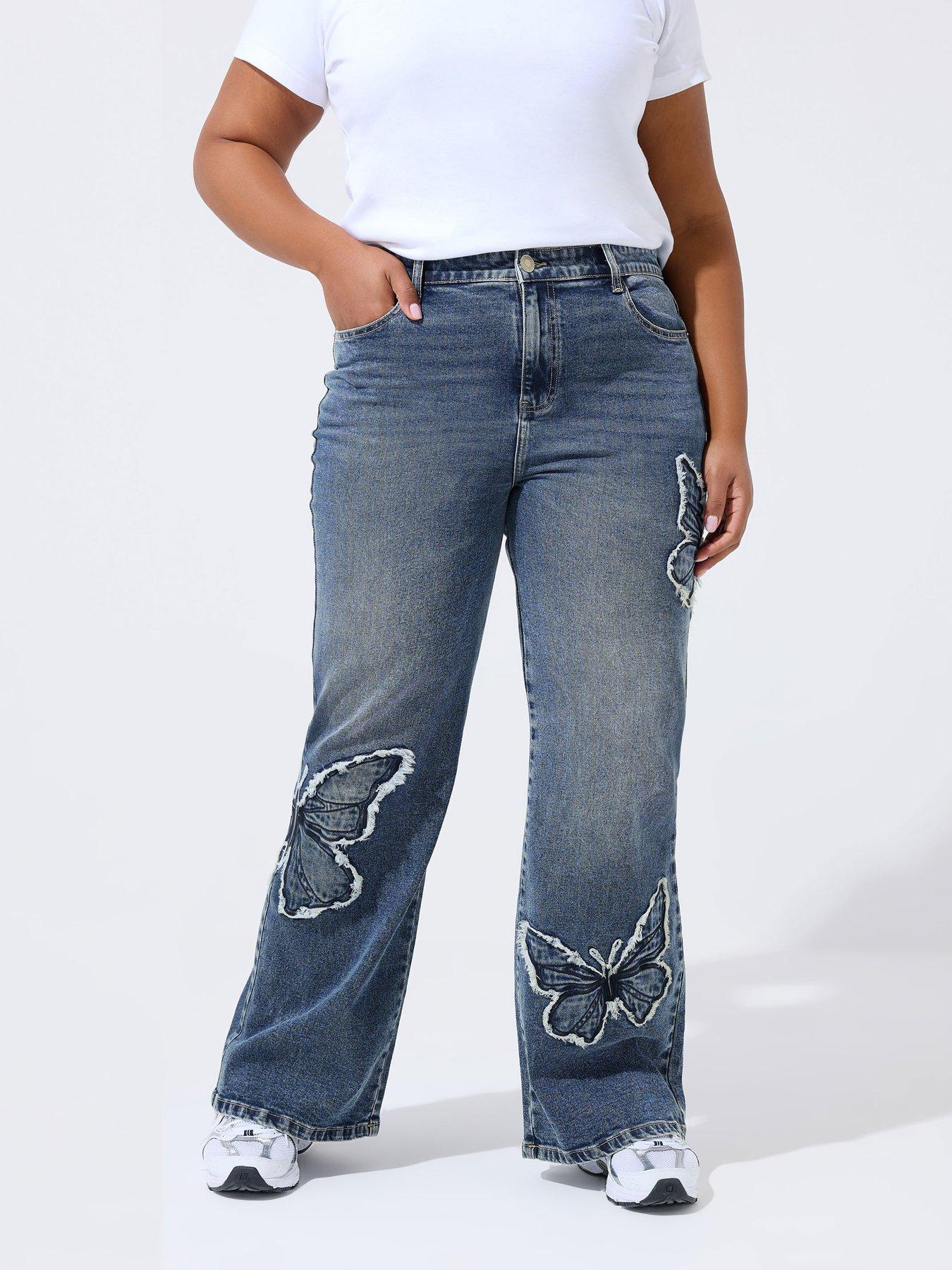 Yours Curve Butterfly Embroidered Jeans - Blue