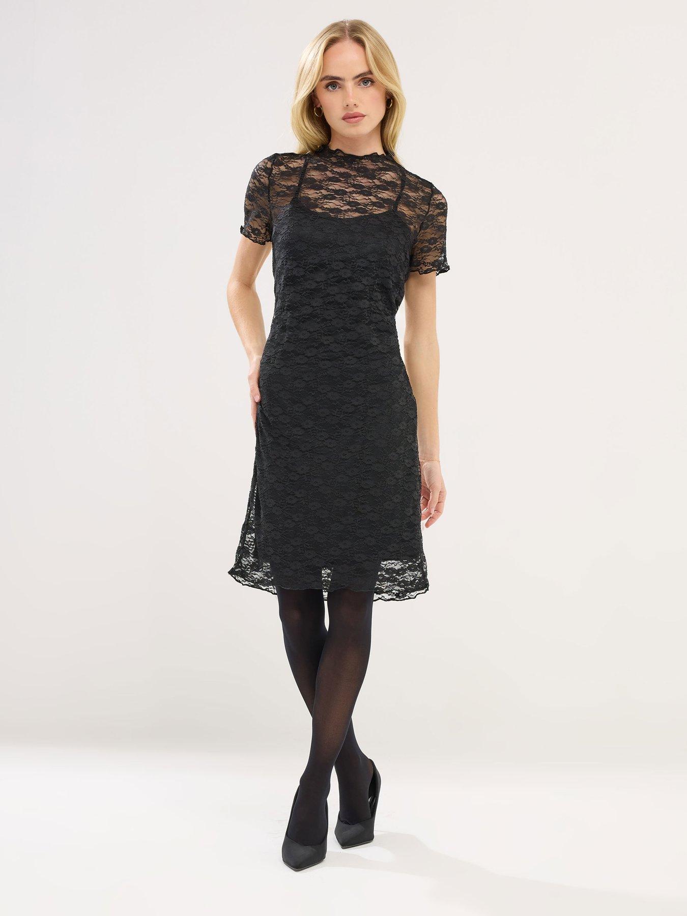 Image 3 of 5 of PixieGirl Petite Lace Short Sleeve Dress - Black