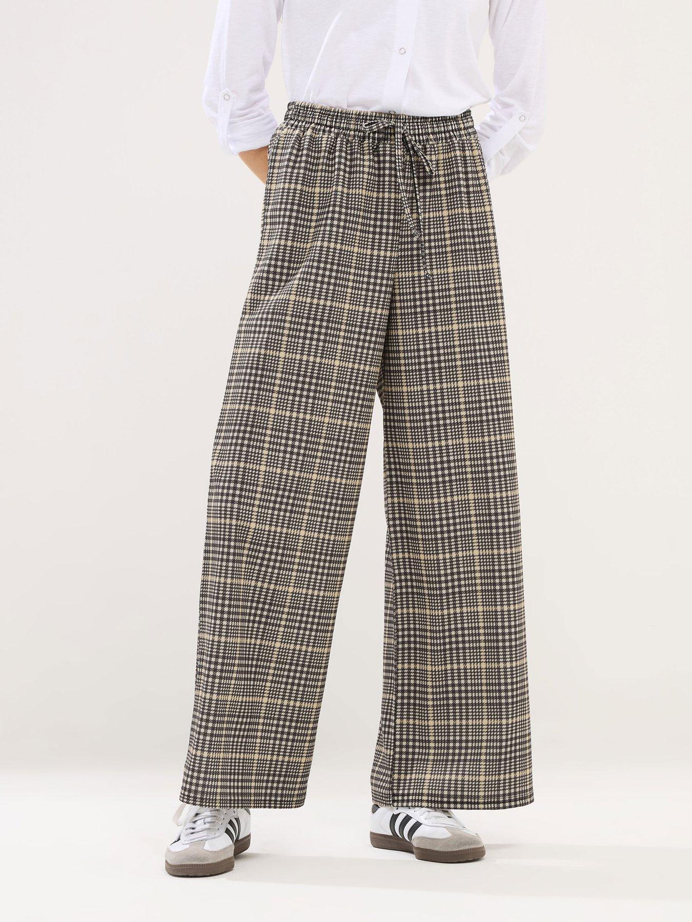 front image of pixiegirl-petite-check-scuba-wide-leg-trouser-brown