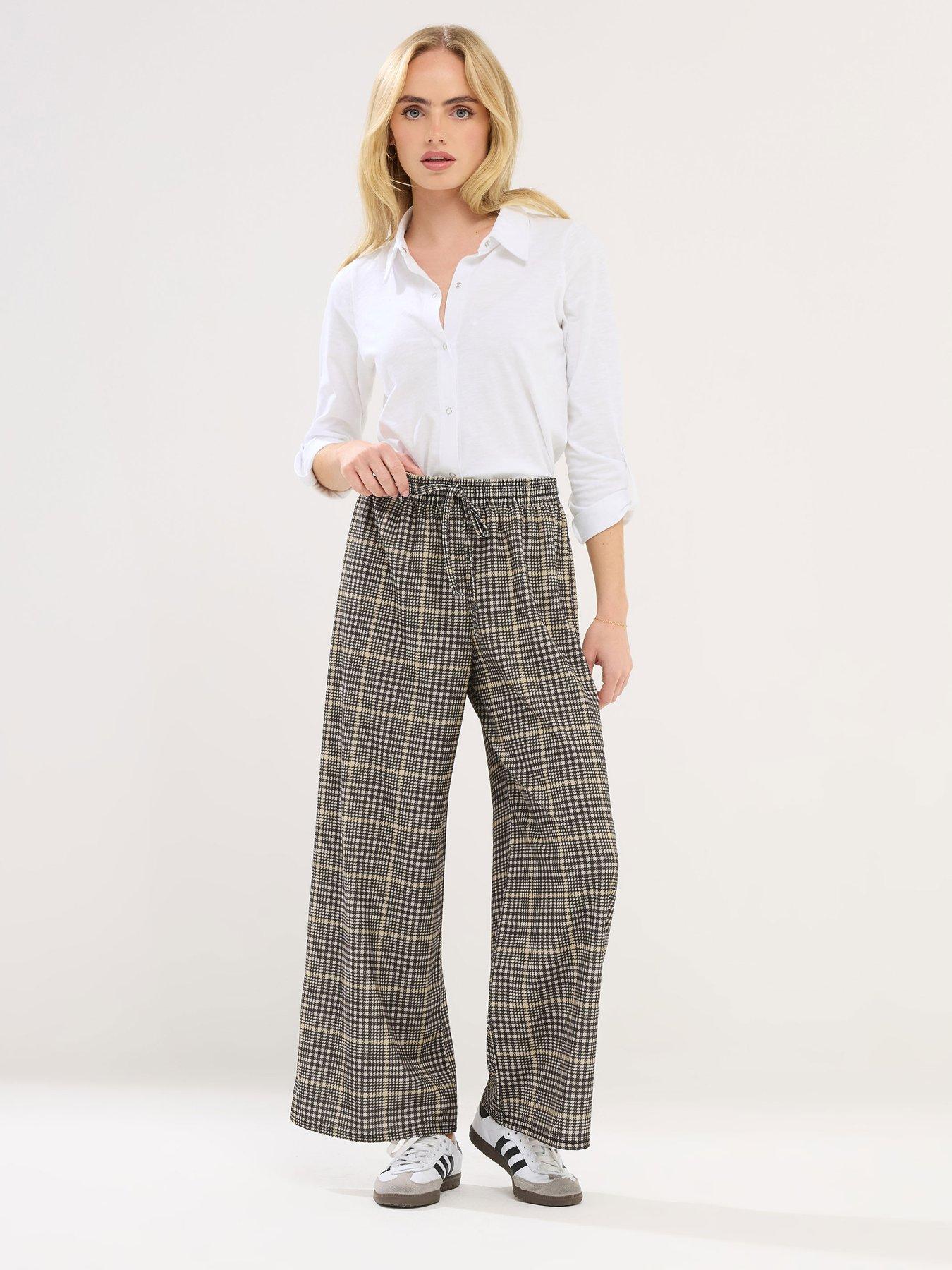 image of pixiegirl-petite-check-scuba-wide-leg-trouser-brown