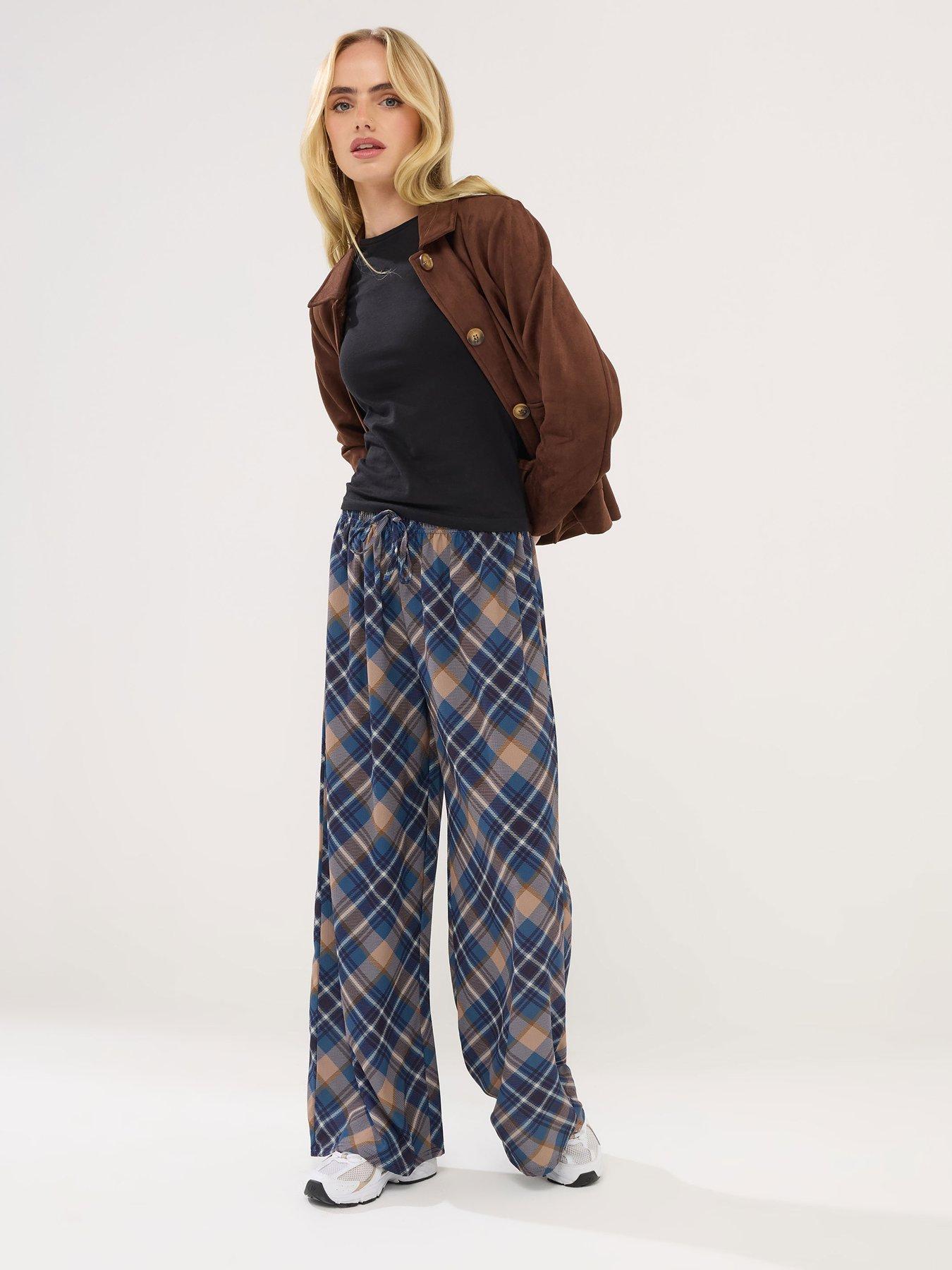  image of pixiegirl-petite-check-wide-leg-trouser-blue