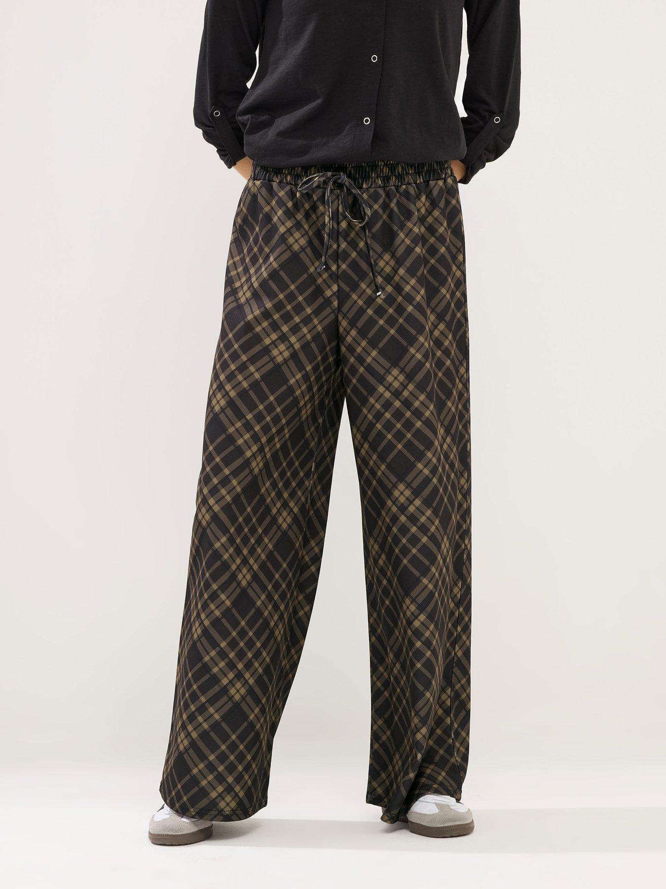  image of pixiegirl-petite-check-scuba-wide-leg-trouser-brown