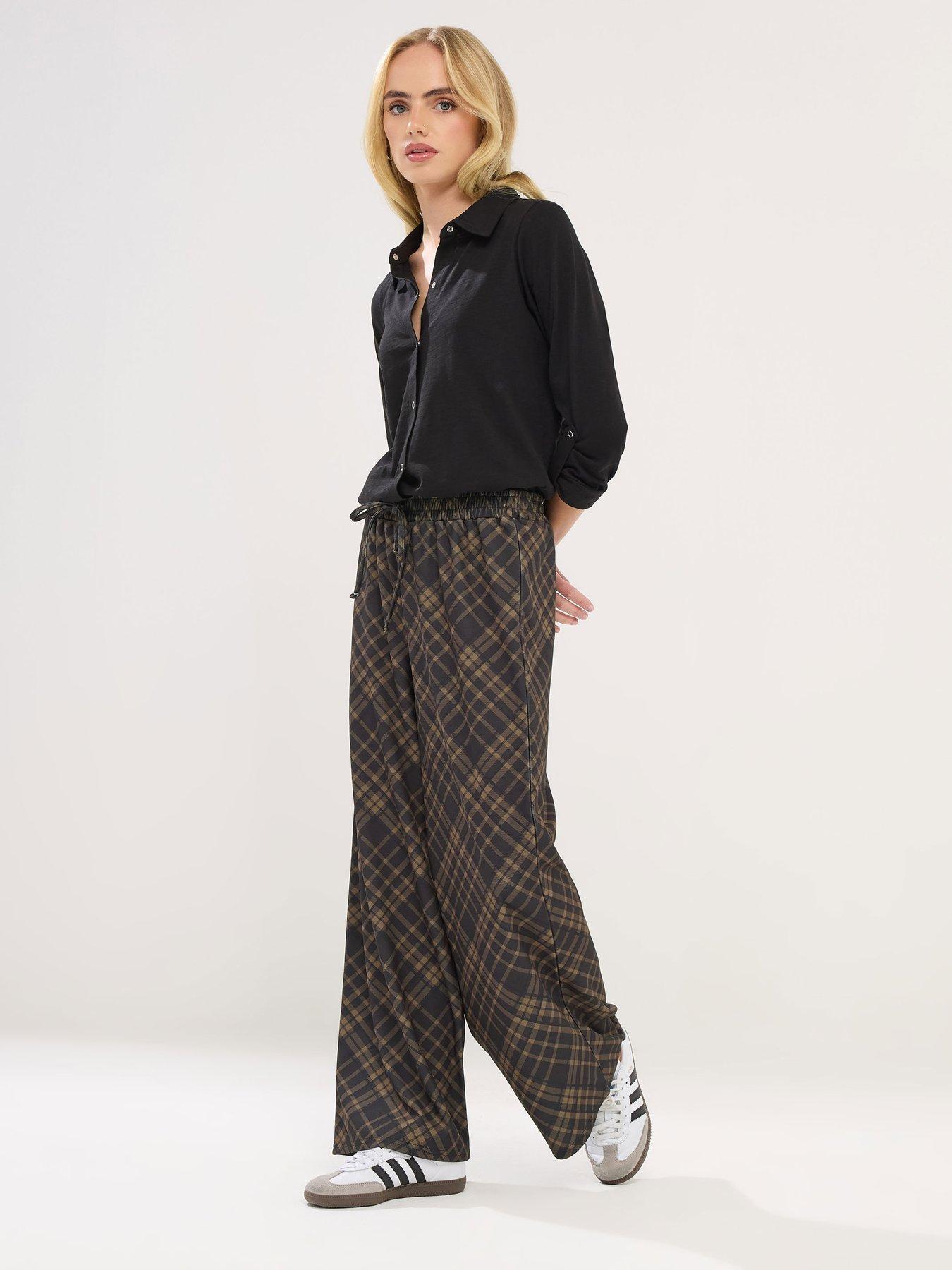  image of pixiegirl-petite-check-scuba-wide-leg-trouser-brown