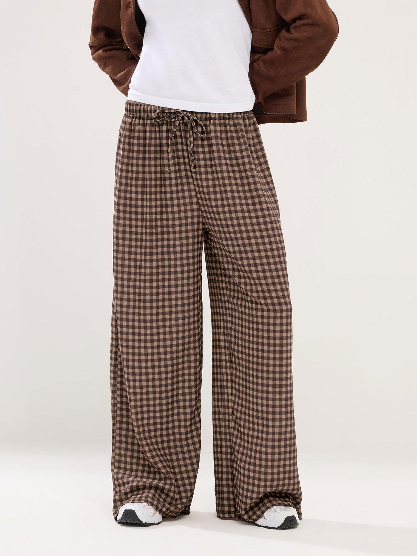 Image 1 of 5 of PixieGirl Petite Gingham Check Wide Leg Trouser - Brown