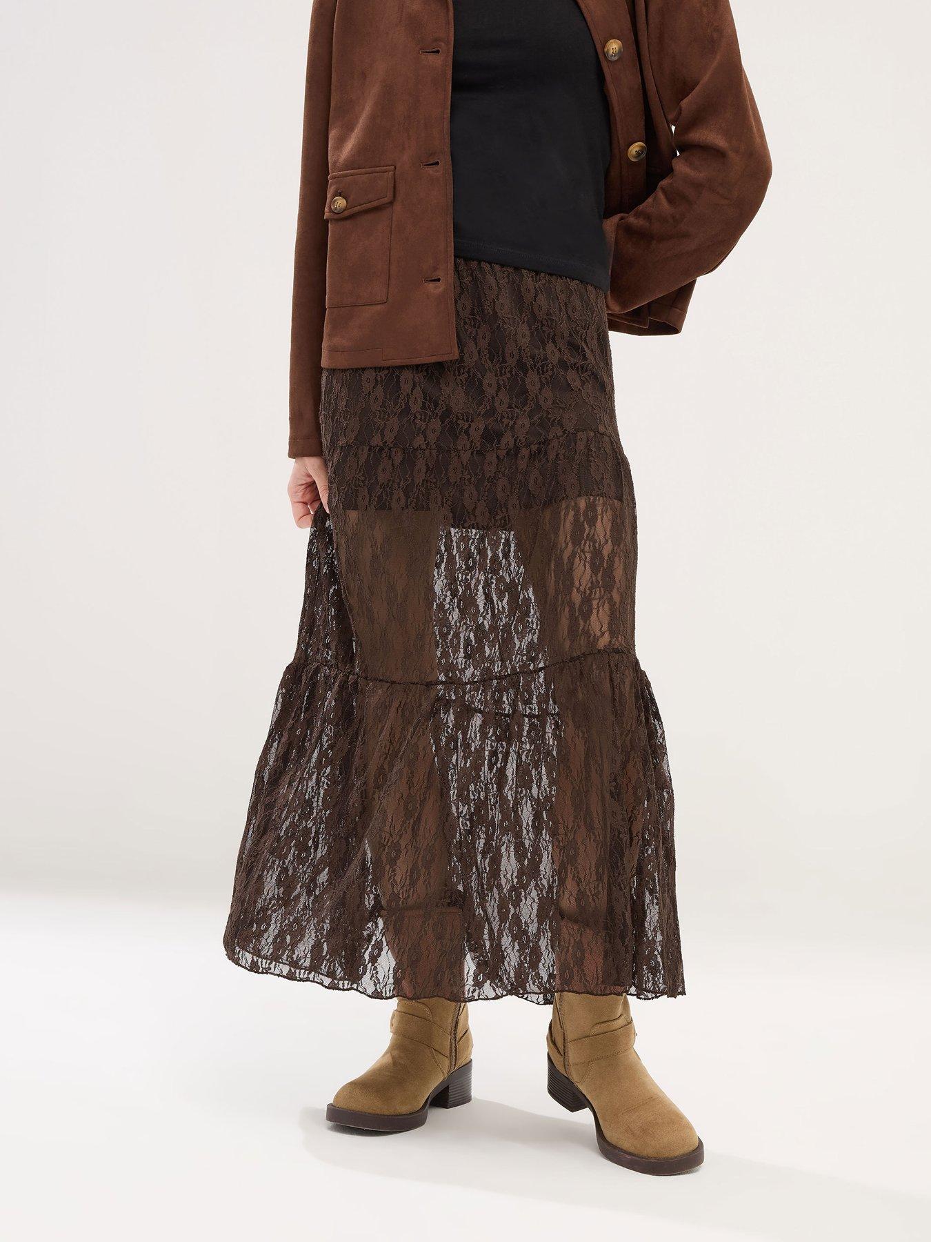 PixieGirl Petite Lined Lace Maxi Skirt - Brown
