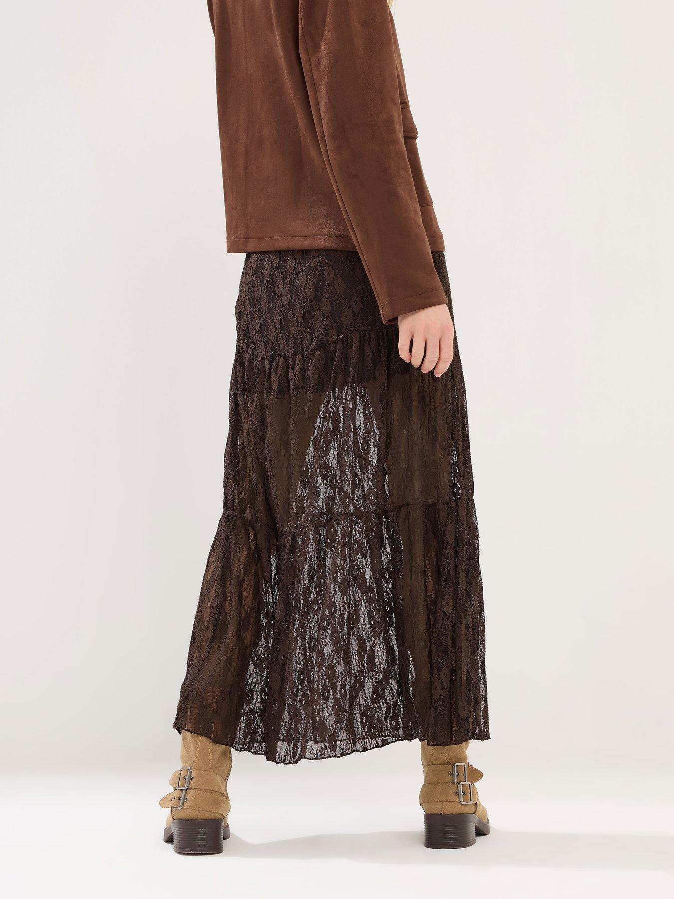 Image 2 of 5 of PixieGirl Petite Lined Lace Maxi Skirt - Brown