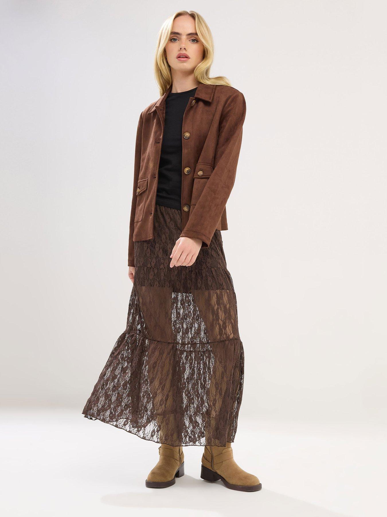 Image 3 of 5 of PixieGirl Petite Lined Lace Maxi Skirt - Brown