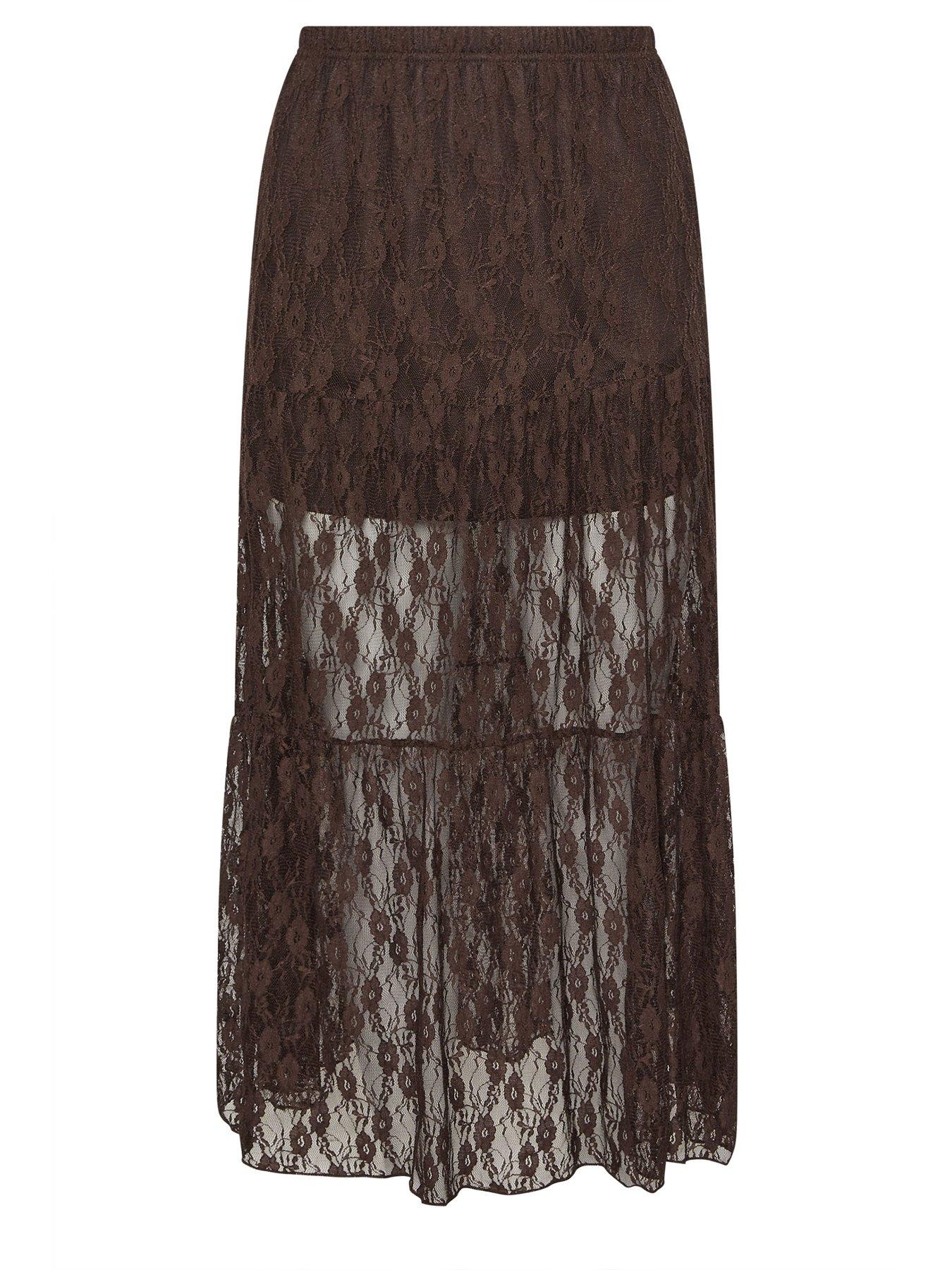 Image 5 of 5 of PixieGirl Petite Lined Lace Maxi Skirt - Brown