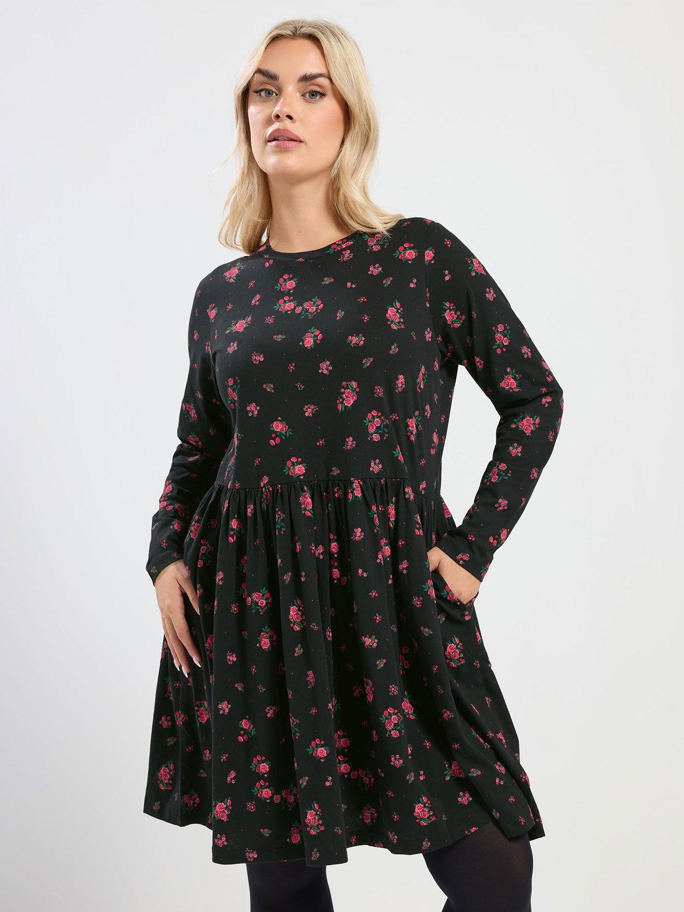 Yours Curve Rose Print Peplum Mini Dress - Pink