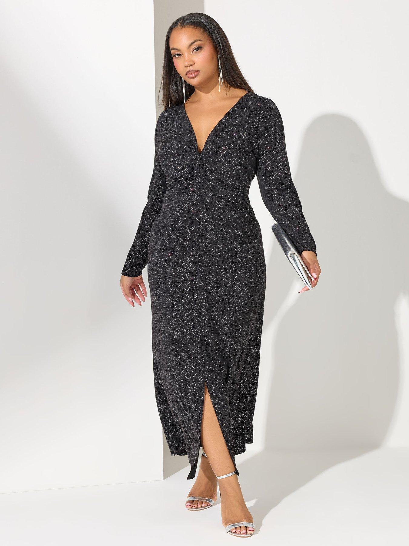 front image of yours-curve-glitter-knot-front-maxi-dress-black