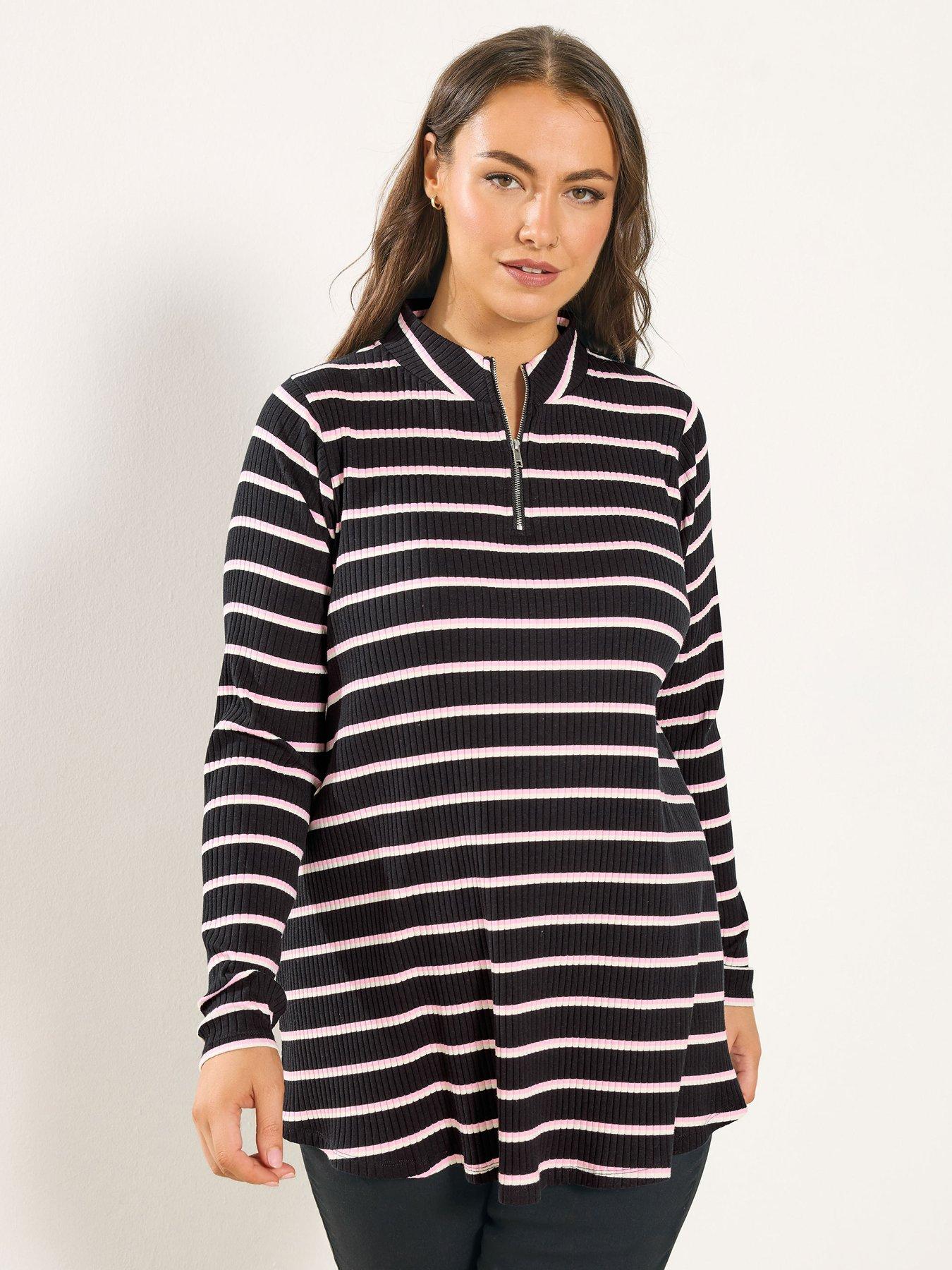 Yours Curve Striped Quarter Zip Top - Black