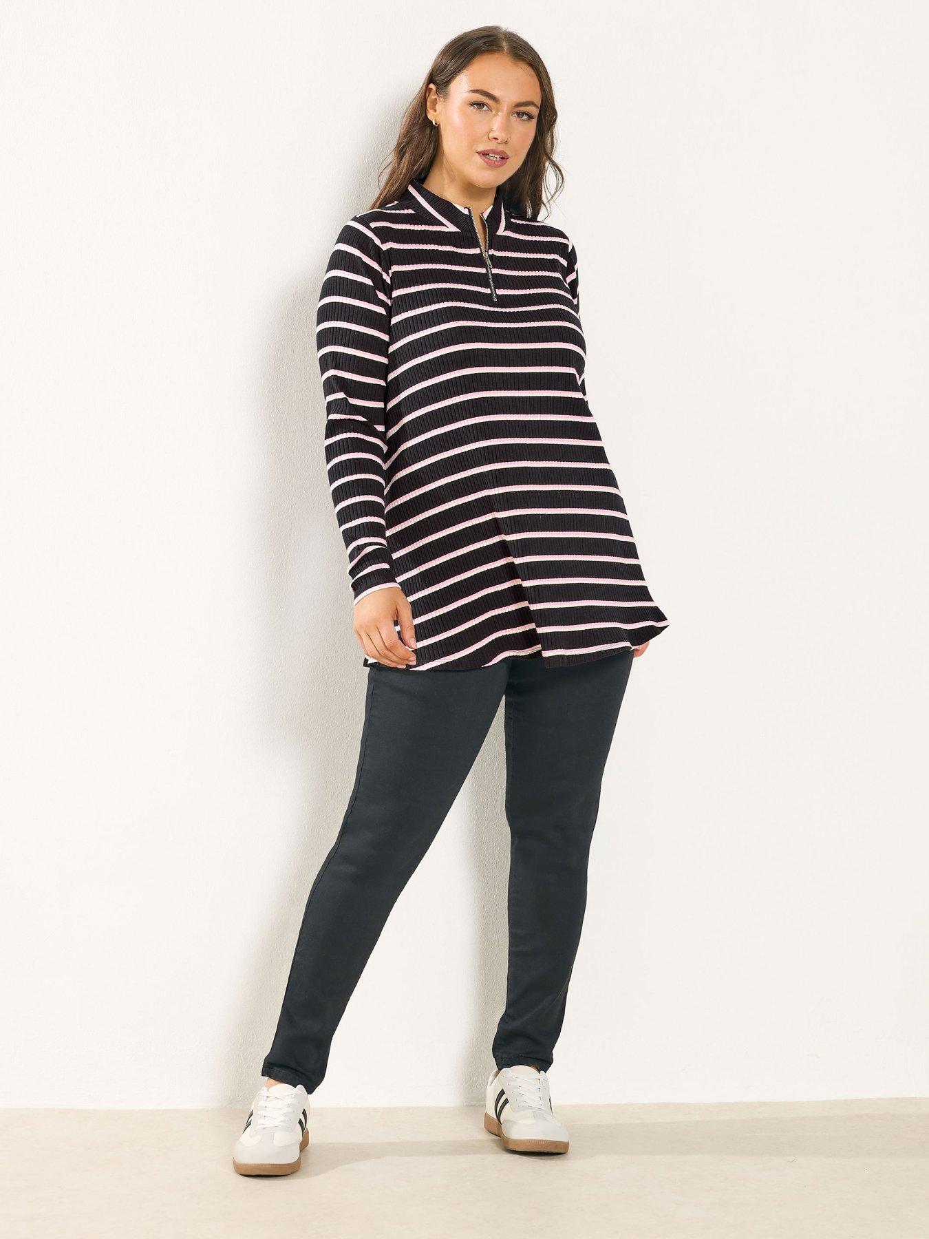 Image 3 of 4 of Yours Curve Striped Quarter Zip Top - Black