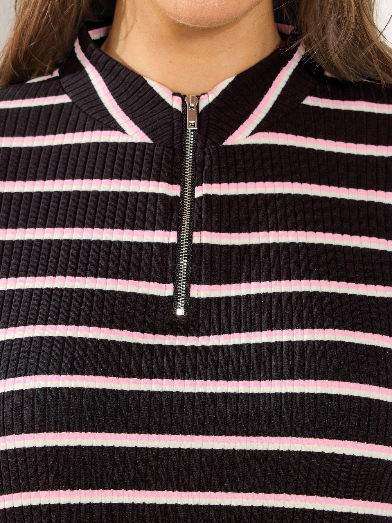 Image 4 of 4 of Yours Curve Striped Quarter Zip Top - Black