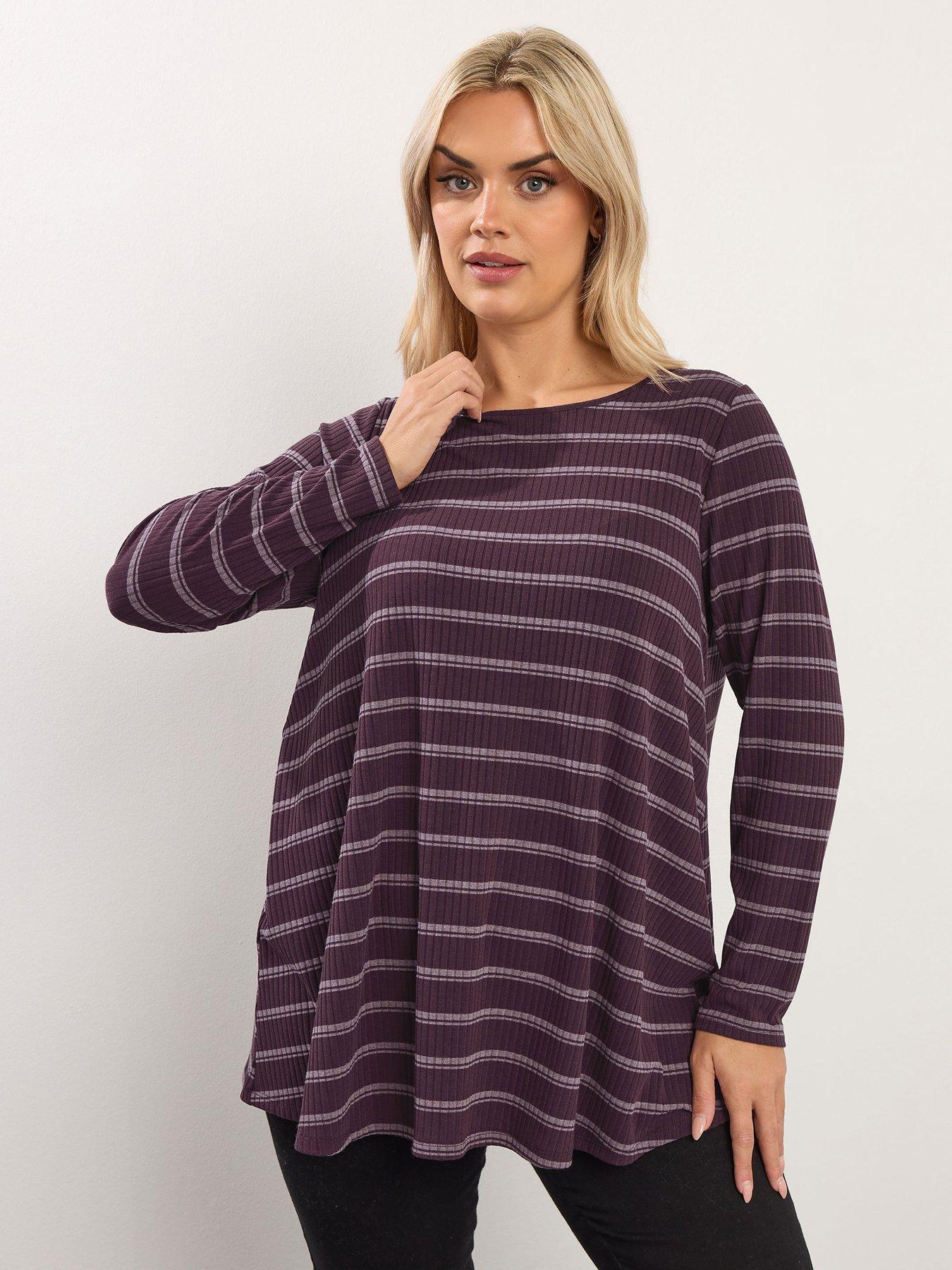 Image 1 of 5 of Yours Curve Ribbed Swing Stripe T-Shirt - Purple