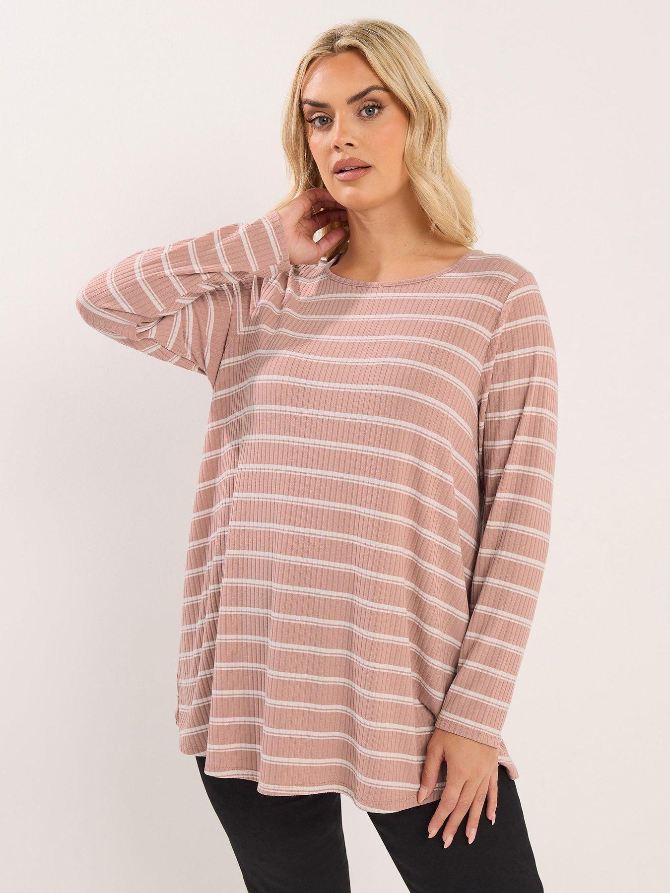 Yours Curve Ribbed Swing Stripe T-Shirt - Pink