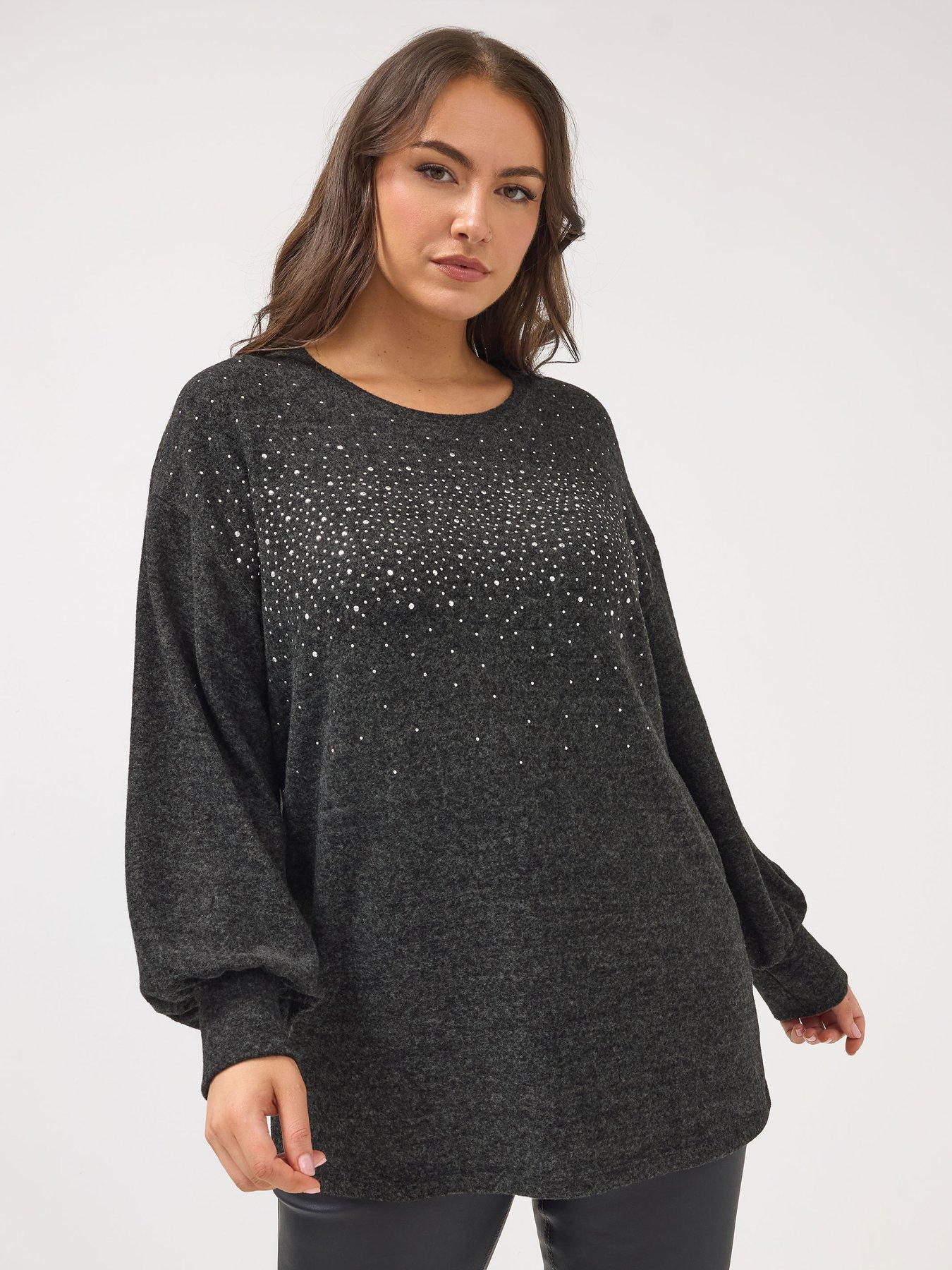 front image of yours-curve-diamante-embellished-jumper-nbsp--grey