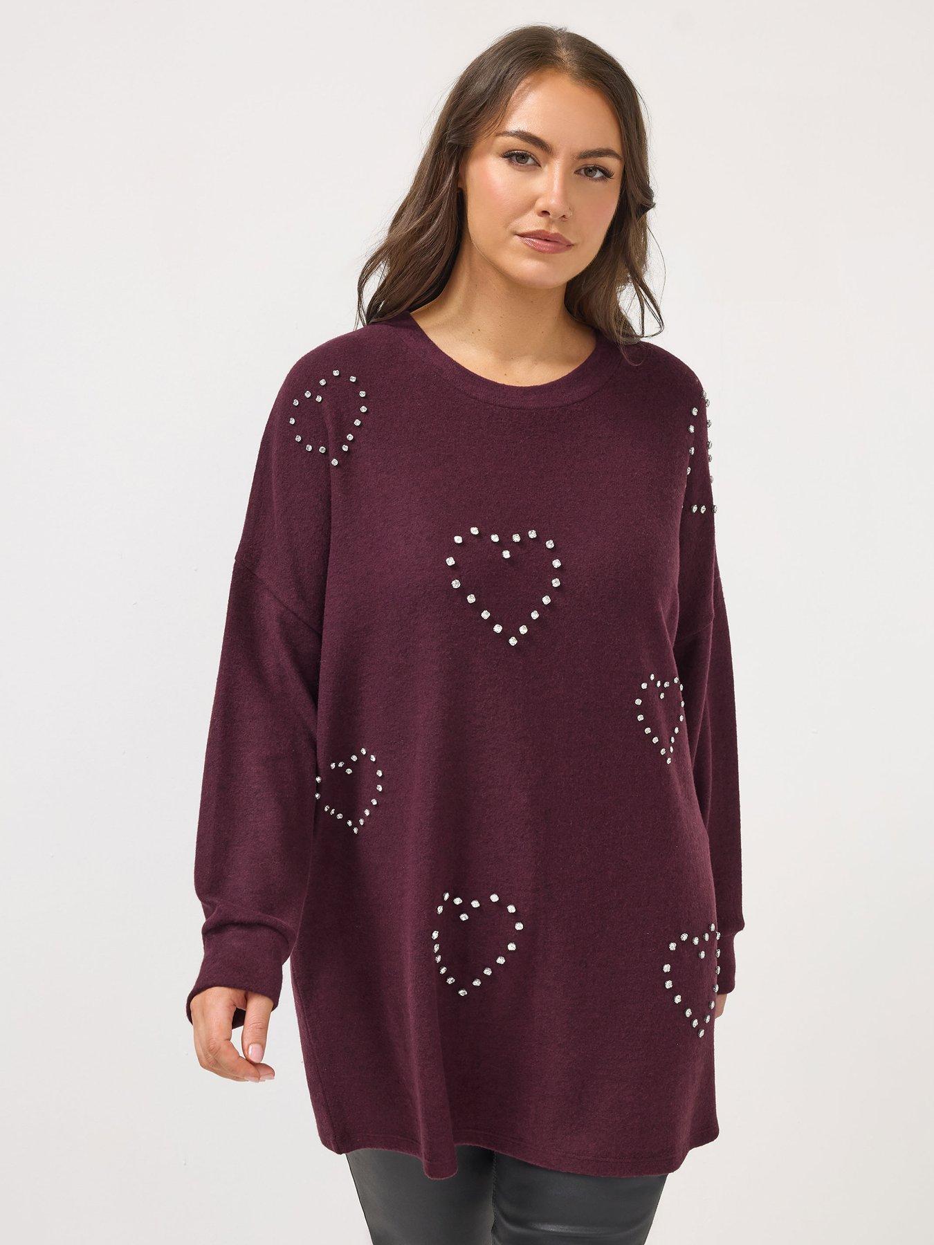 Yours Curve Diamante Heart Jumper - Purple