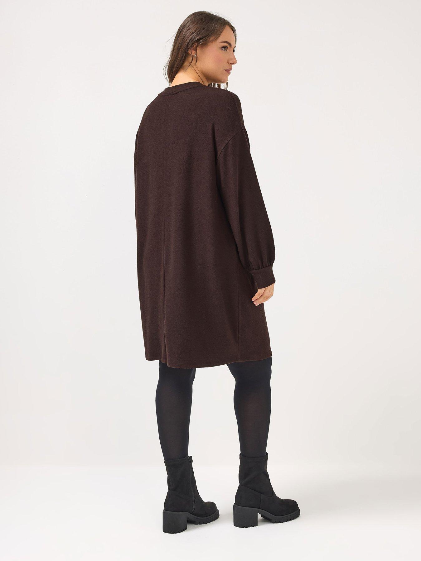 stillFront image of yours-curve-soft-touch-balloon-sleeve-dress-brown