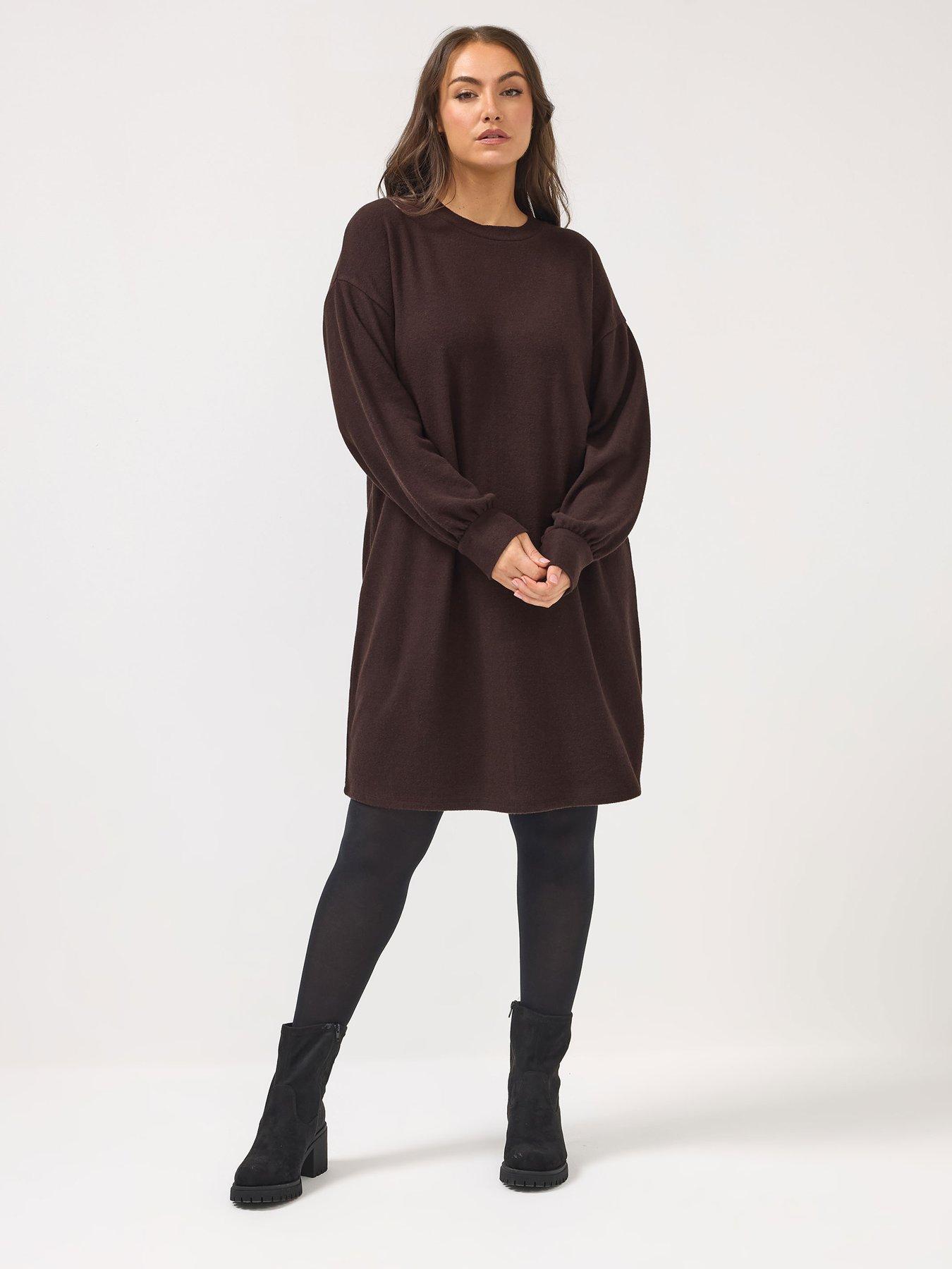  image of yours-curve-soft-touch-balloon-sleeve-dress-brown