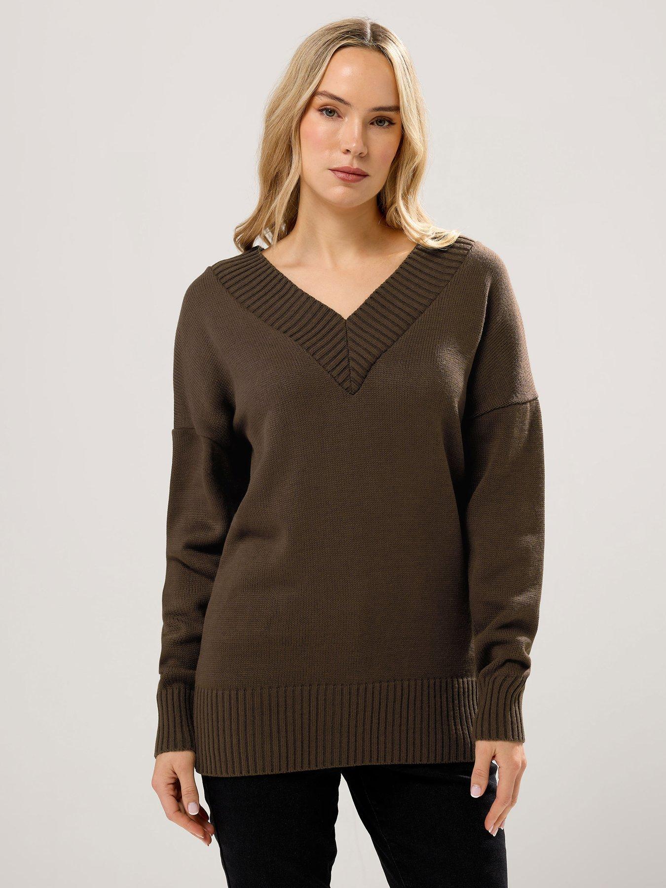 front image of long-tall-sally-v-neck-jumper-brown