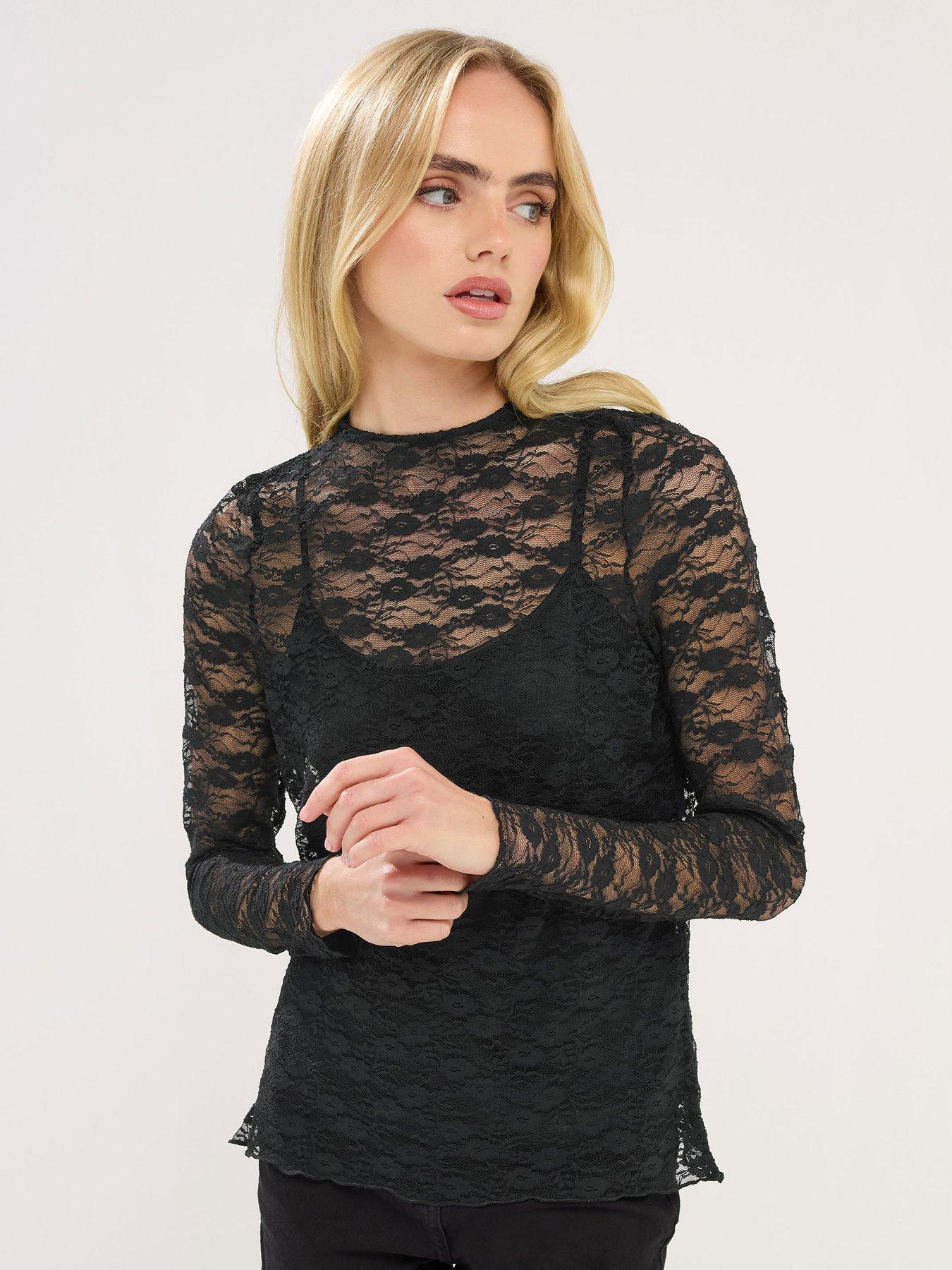 Image 1 of 5 of PixieGirl Petite Long Sleeve Lace Top - Black