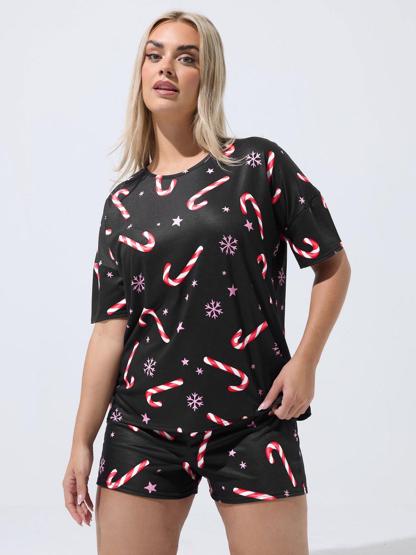 Yours Curve Candy Cane Christmas Novelty Pyjama Set - Black