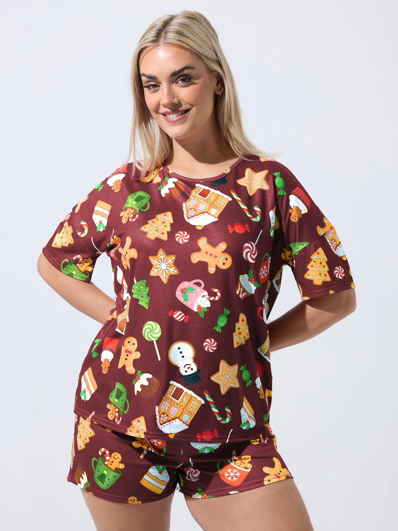Yours Curve Gingerbread Man Christmas Novelty Pyjama Set - Burgundy Red