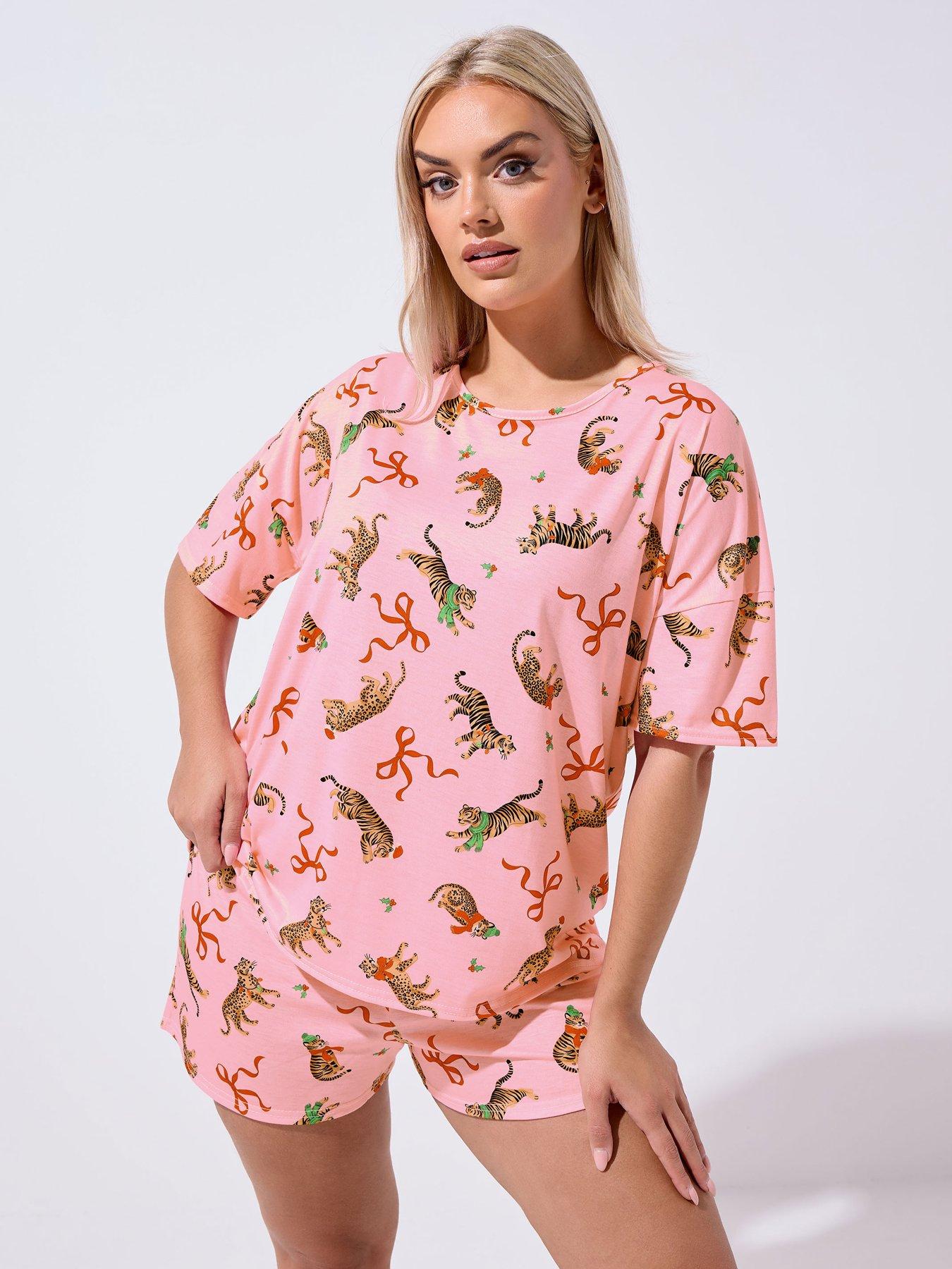 front image of yours-curve-tiger-bow-christmas-novelty-pyjama-set-pink