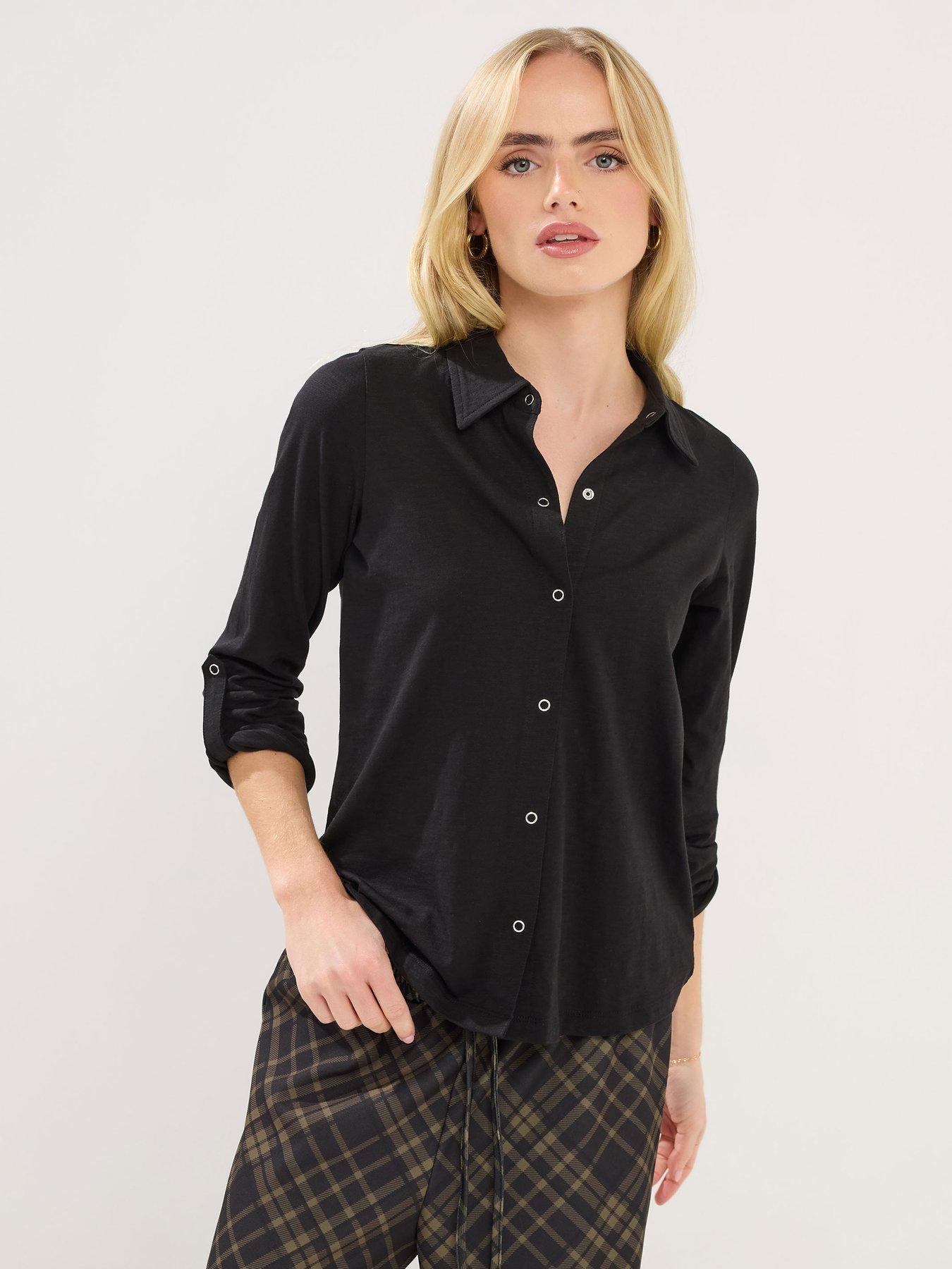 front image of pixiegirl-petite-turn-back-cuff-shirt-black