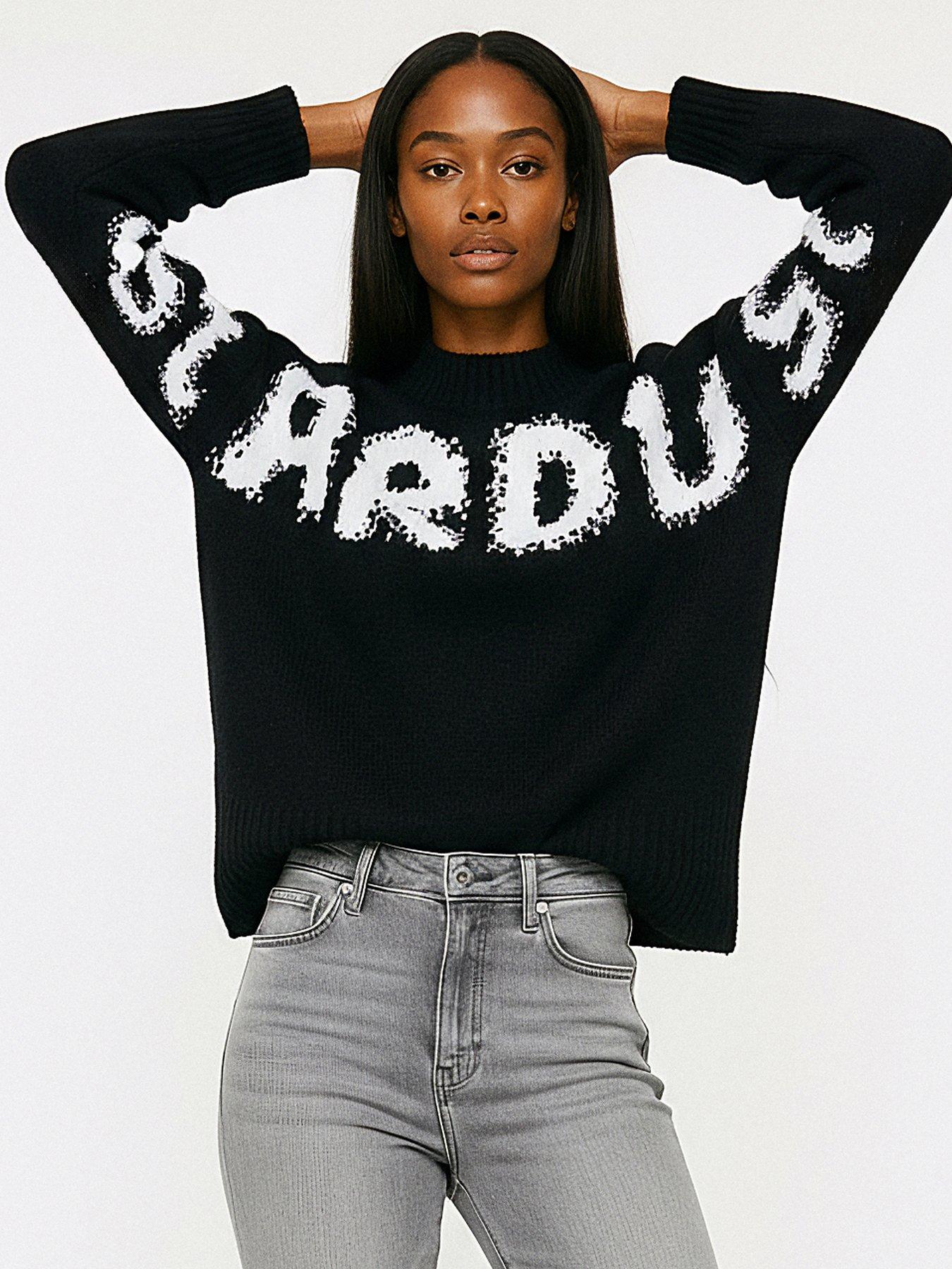 Religion Cute Fit Stardust Jumper In Soft Wool Mix Yarn With Large Slogan - Black