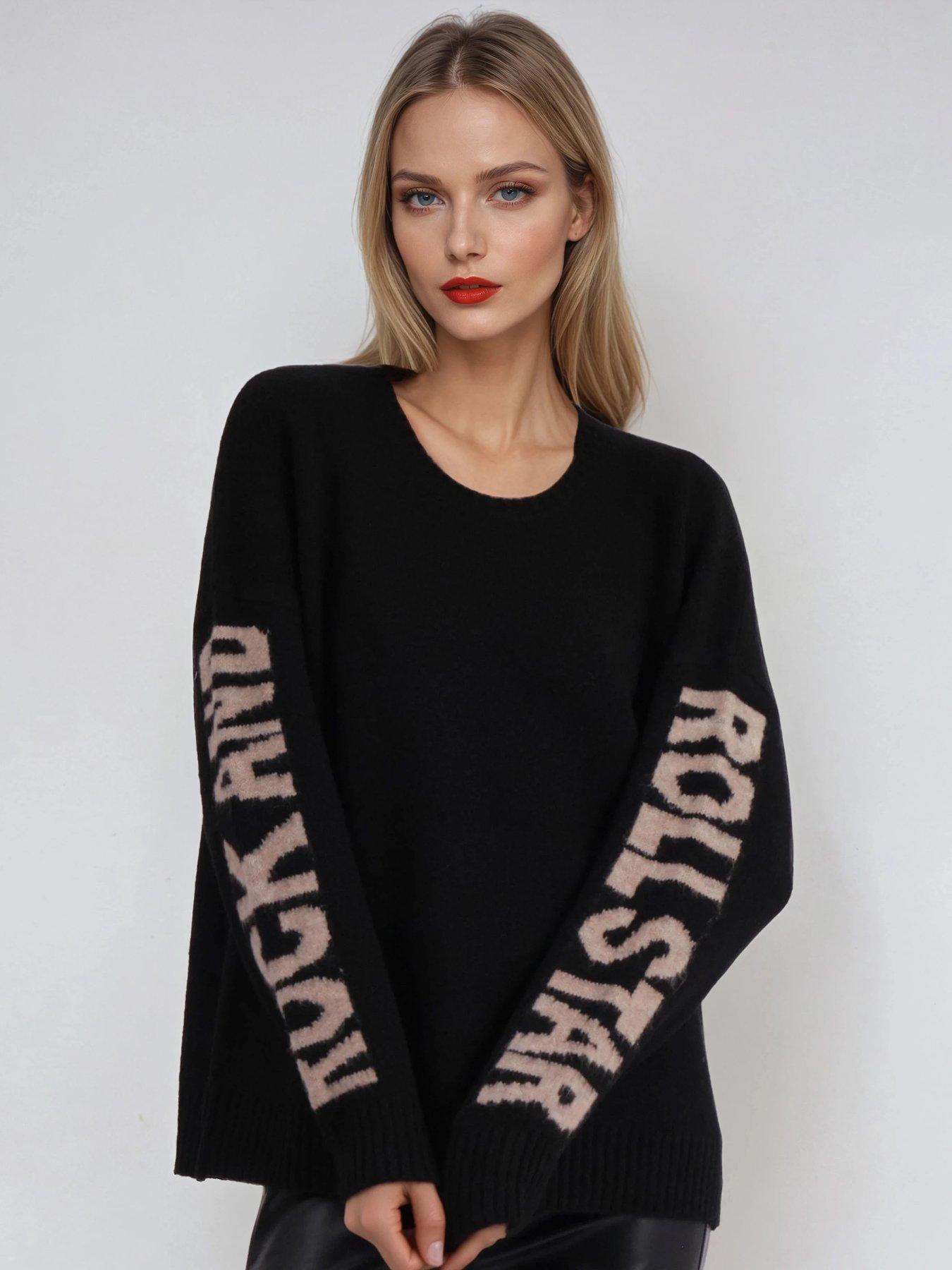 Religion Oversized Rock N' Roll Jumper In Soft Wool Mix Yarn With Slogan Sleeves - Black