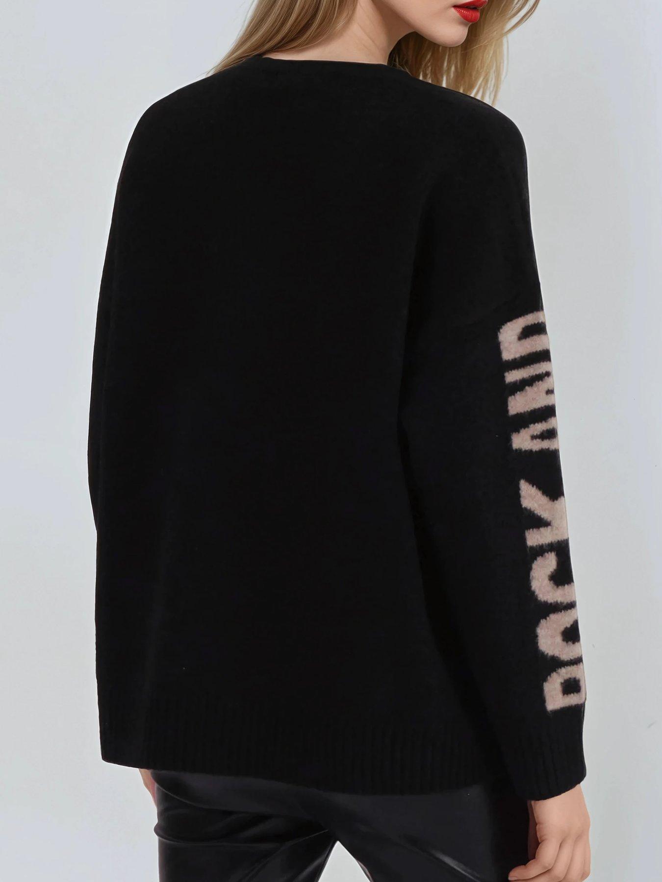  image of religion-oversized-rock-n-roll-jumper-in-soft-wool-mix-yarn-with-slogan-sleeves-black