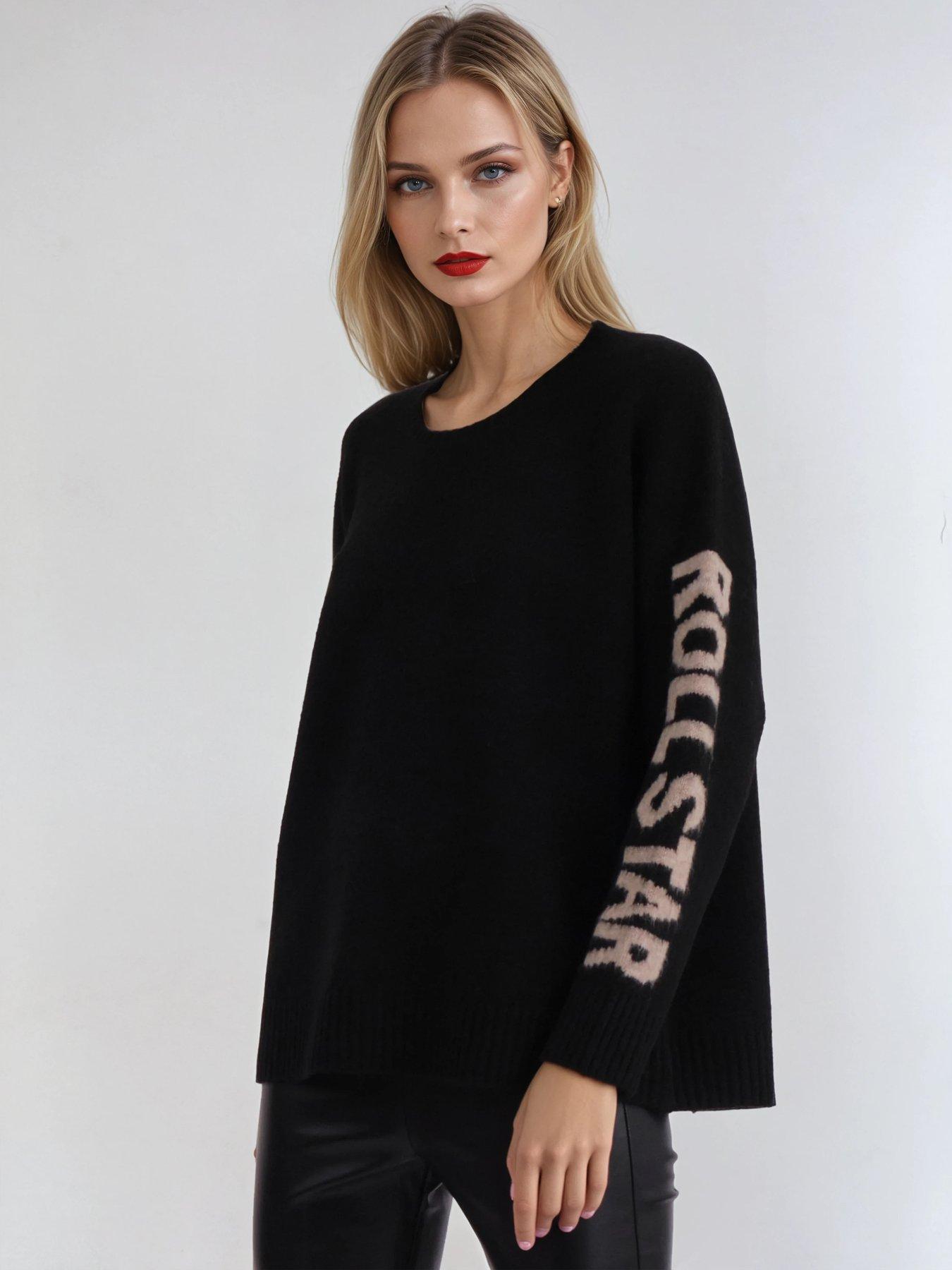  image of religion-oversized-rock-n-roll-jumper-in-soft-wool-mix-yarn-with-slogan-sleeves-black