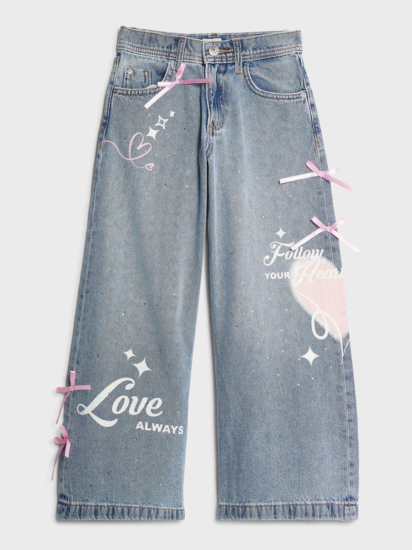 River Island Older Girls Bow Graffiti Wide Leg Jeans - Blue