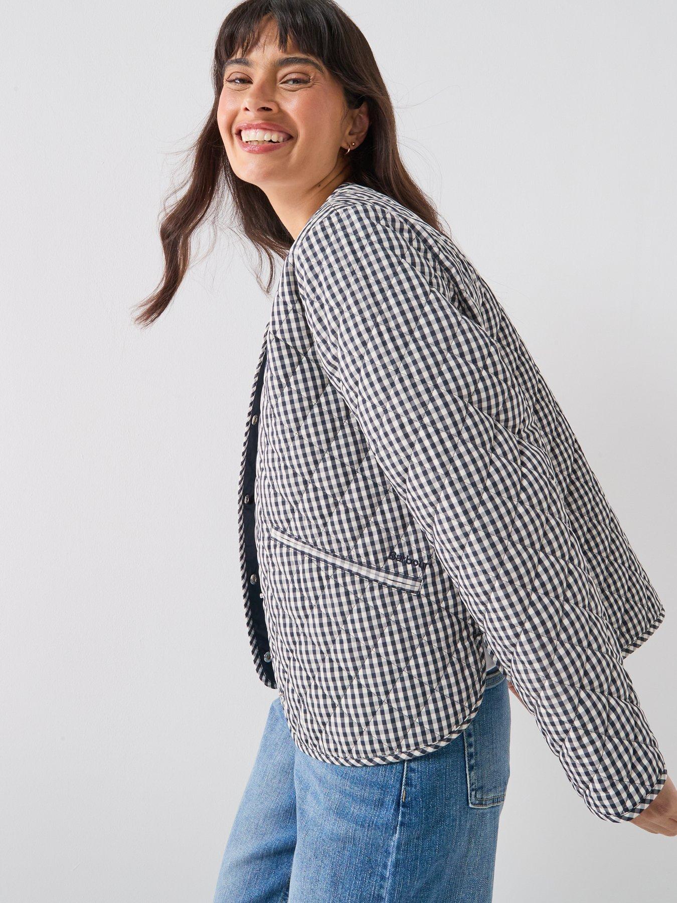  image of barbour-cashel-check-collarless-quilted-jacket-navy