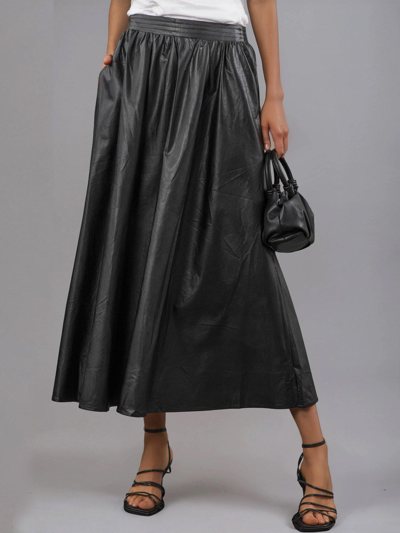  image of religion-sophie-full-maxi-skirt-in-black-faux-leather-with-pockets