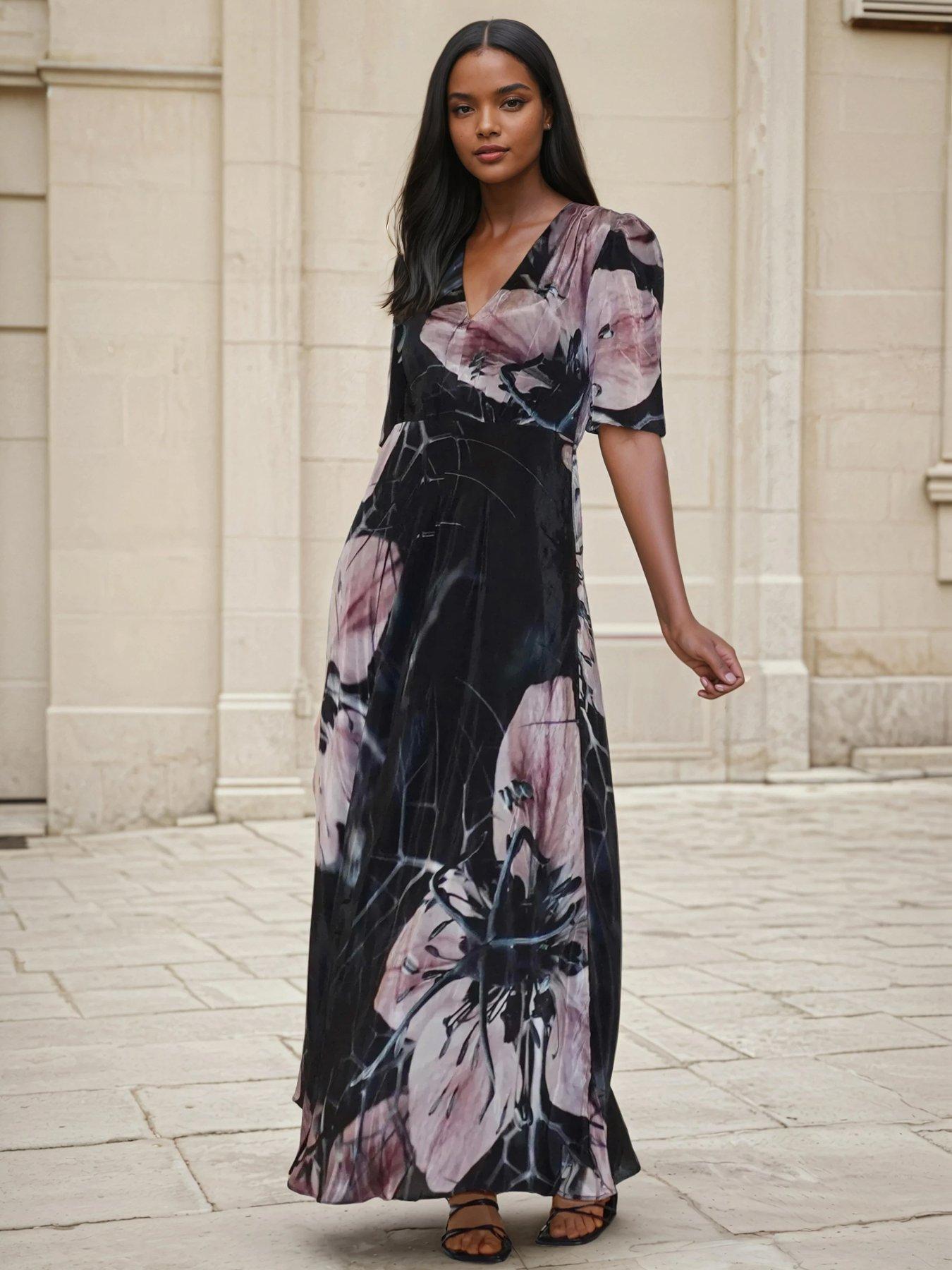 front image of religion-short-sleeve-florence-maxi-dress-in-flattering-fit-with-large-dark-floral