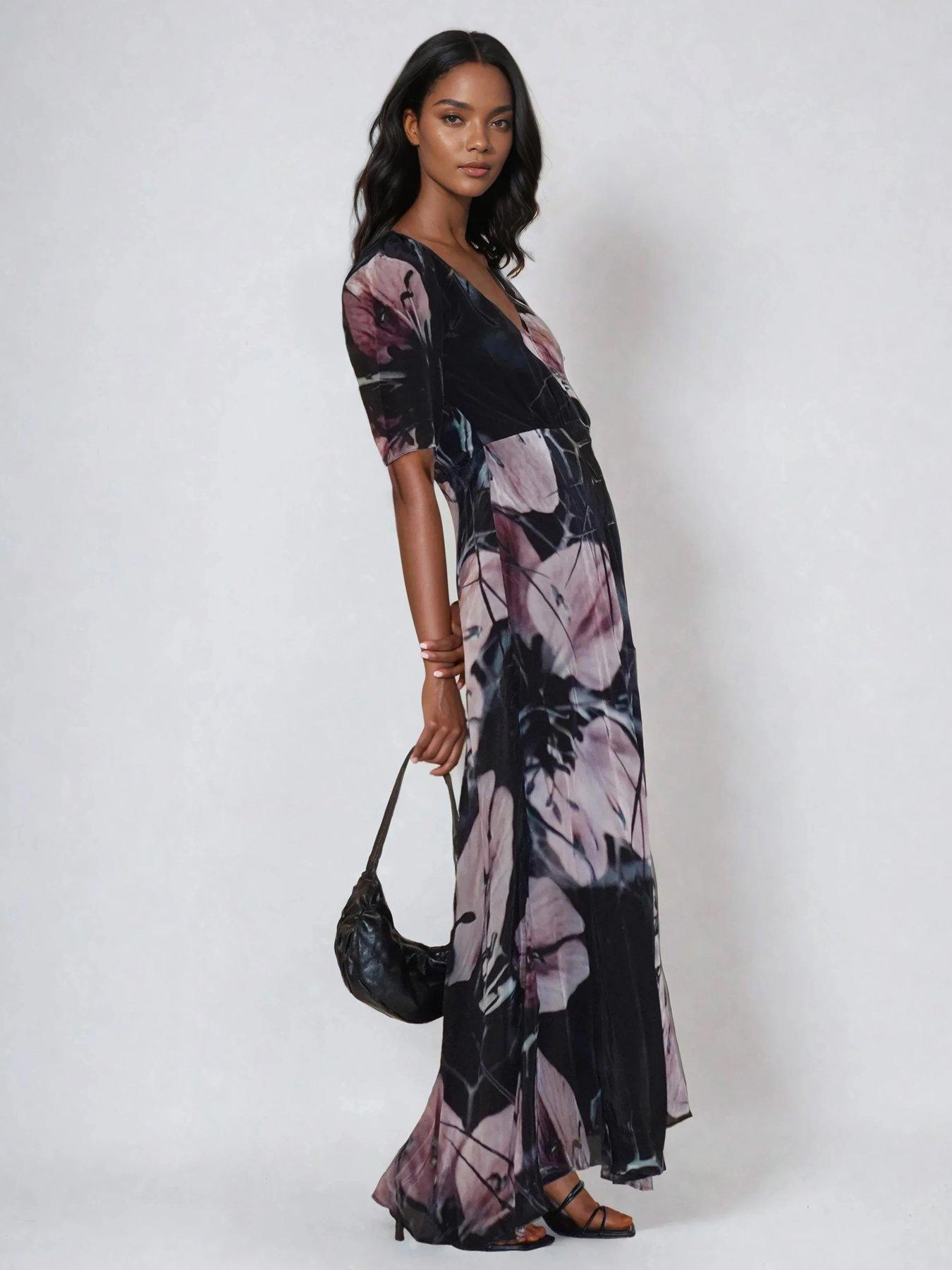  image of religion-short-sleeve-florence-maxi-dress-in-flattering-fit-with-large-dark-floral