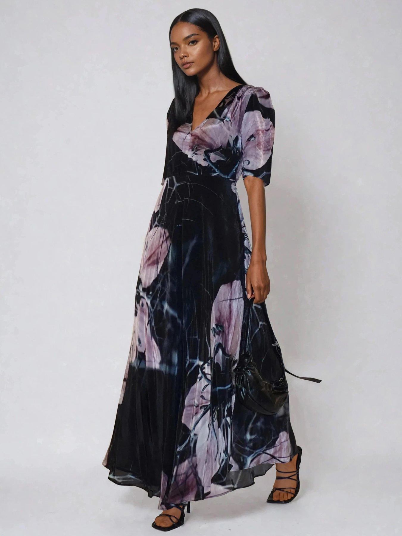  image of religion-short-sleeve-florence-maxi-dress-in-flattering-fit-with-large-dark-floral