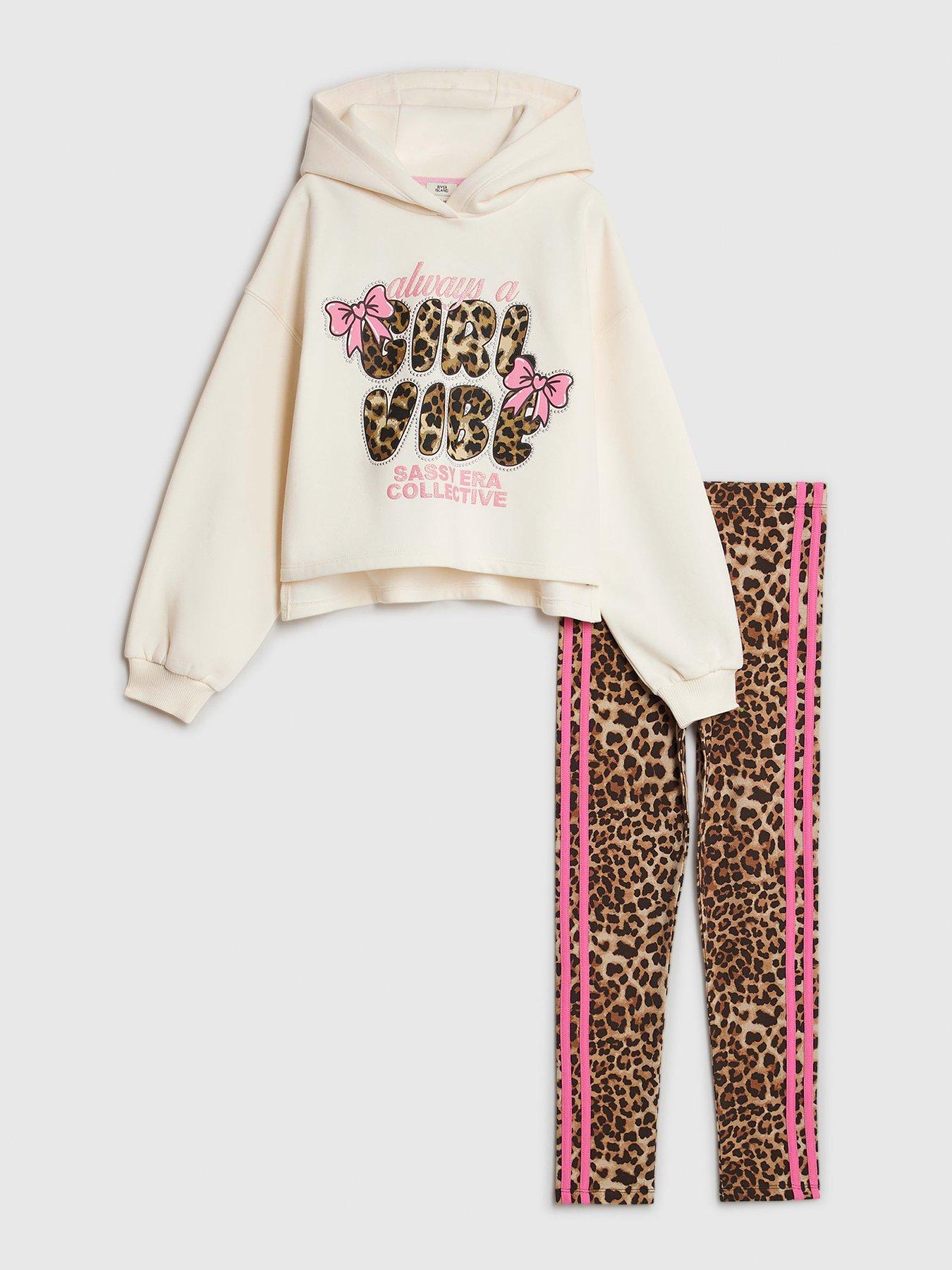 River Island Older Girls Leopard Bow Girl Vibe Hoodie Set - Cream