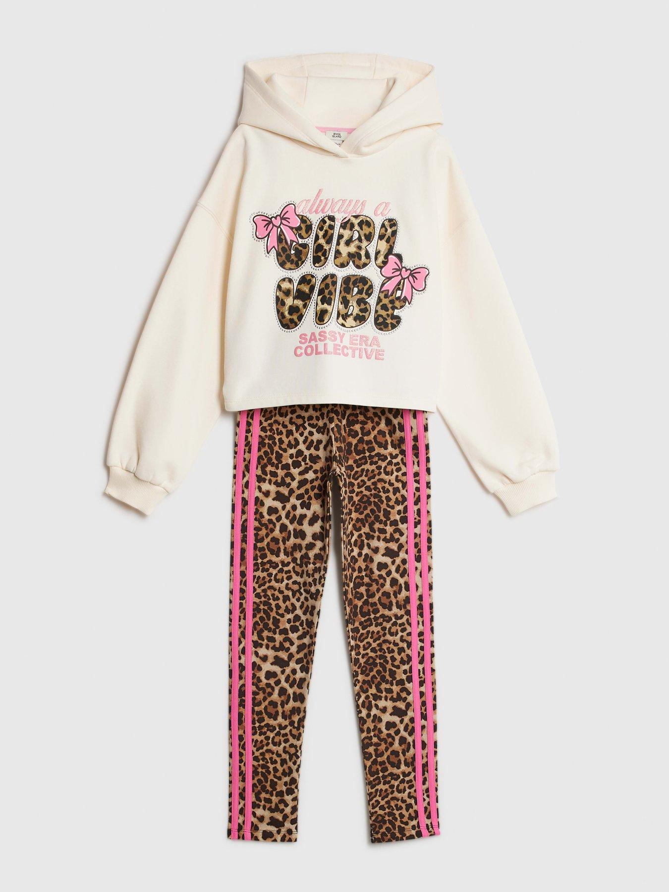  image of river-island-older-girls-leopard-bow-girl-vibe-hoodie-set-cream