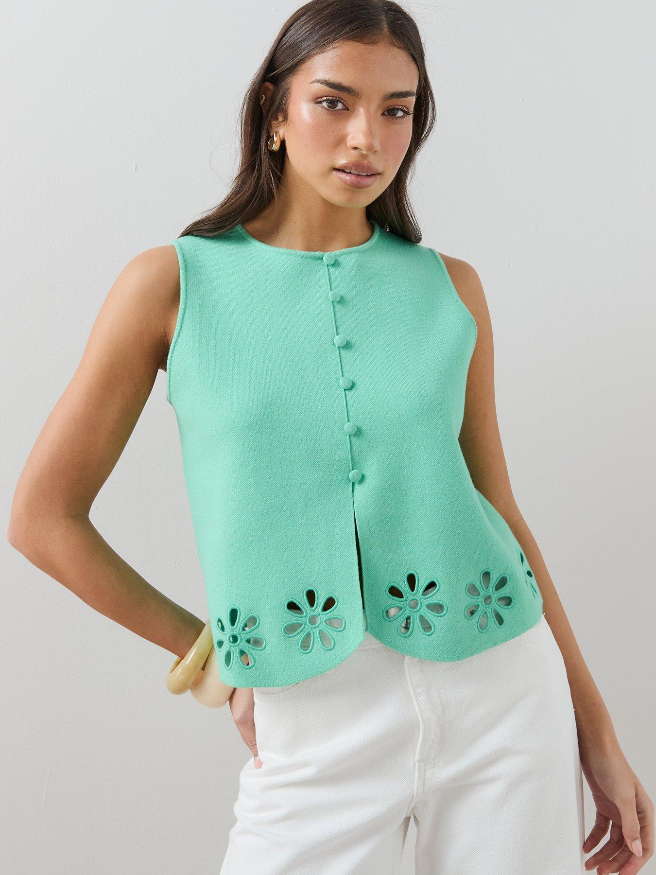 The Very Collection Crew Neck Flower Detail Knitted Tank - Blue