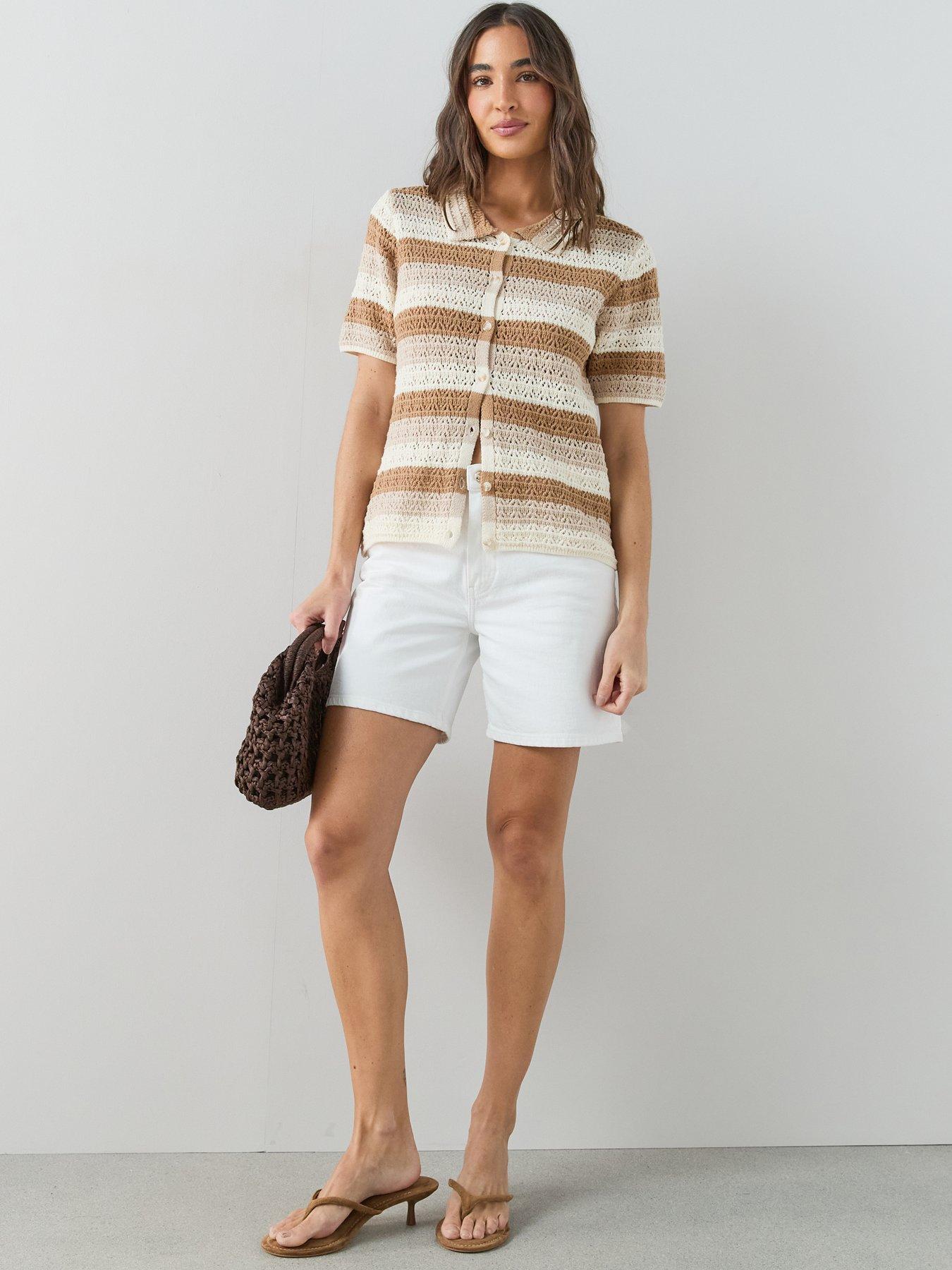 Image 6 of 7 of The Very Collection Collared Neck Short Sleeve Stripe Knitted Jumper - Multi