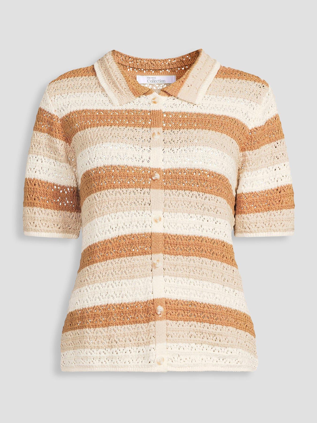 Image 7 of 7 of The Very Collection Collared Neck Short Sleeve Stripe Knitted Jumper - Multi
