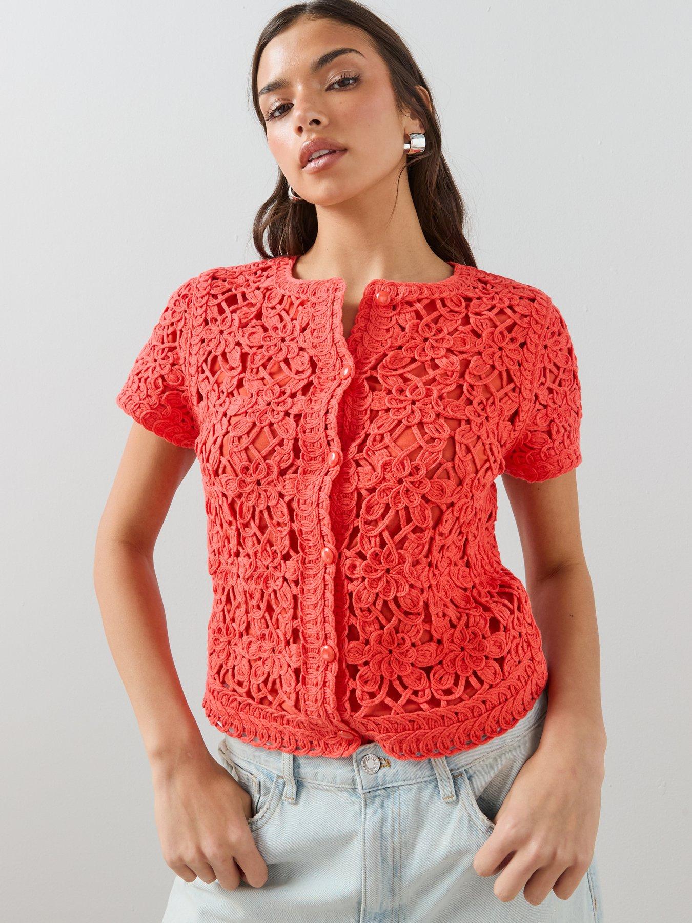 The Very Collection Crew Neck Puff Sleeve Crochet Cardigan