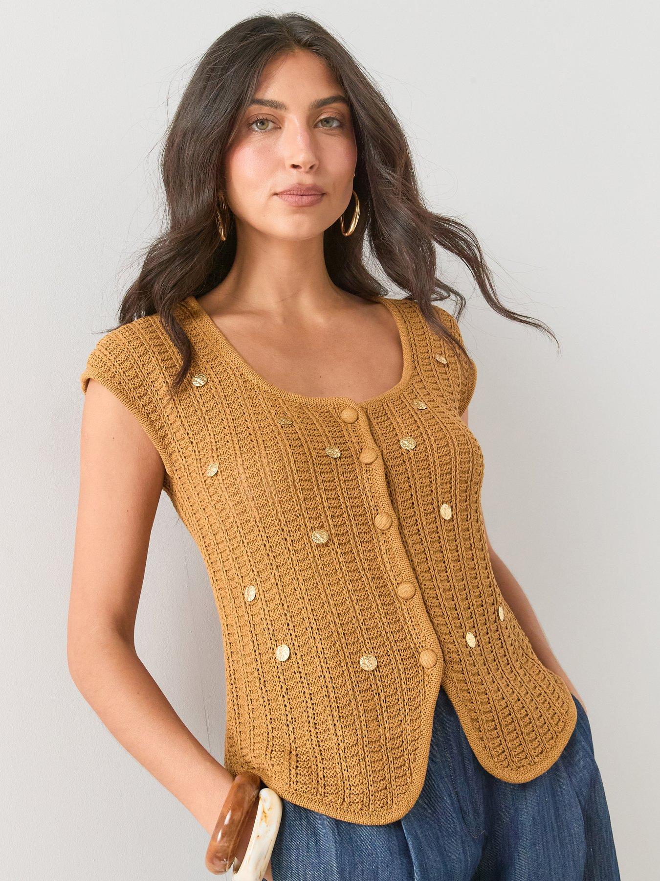 The Very Collection Scoop Neck Embellished Cardigan - Mustard