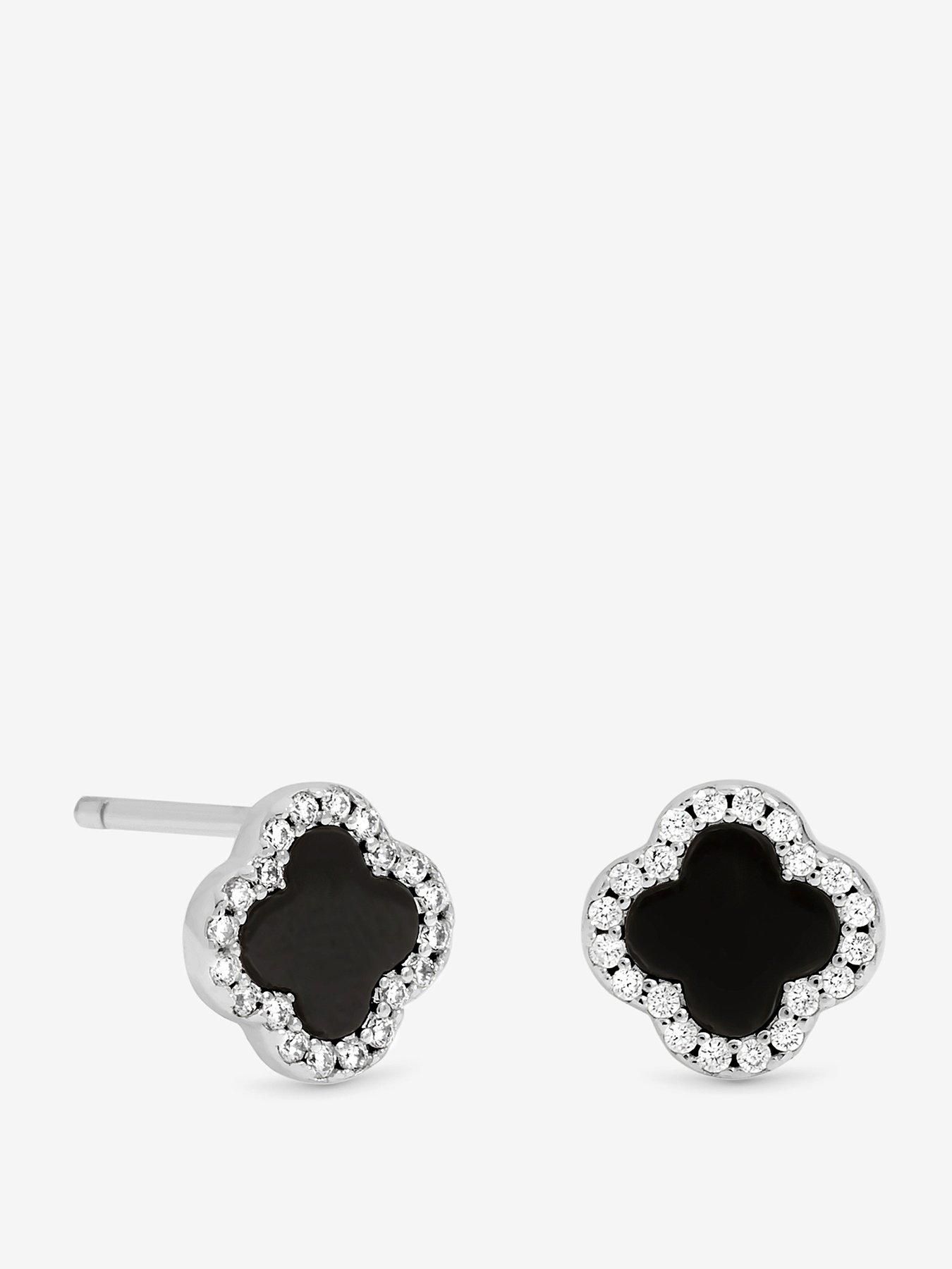 Jon Richard Simply Silver Sterling Silver 925 Pave and Jet Clover Stud Earrings